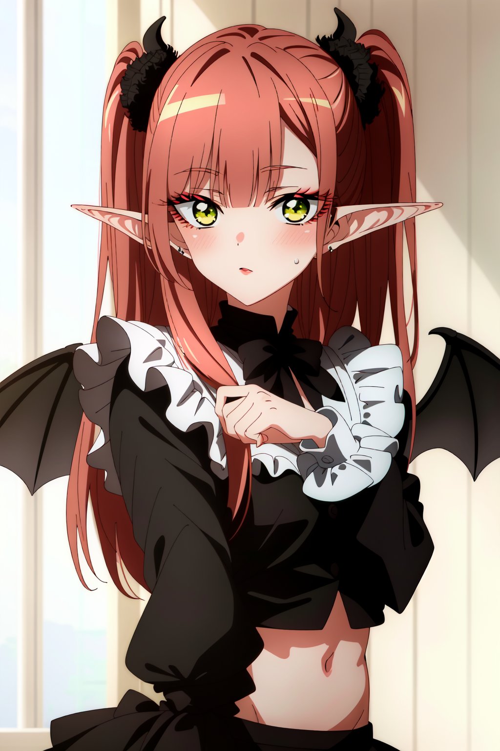 (anime coloring),(masterpiece),(best quality),(ultra-detailed),(best illustration),(best shadow),(absurdres),(detailed background), <lora:OGT_Marin_Kitagawa-v3:0.9> Marin Kitagawa, liz-kyun, 1girl, wings, pointy ears, black nails, cosplay, horns, green eyes, (red hair), solo, navel, bangs, demon wings, long hair, blush, looking at viewer, frills, long sleeves, upper body, demon horns, blunt bangs, demon girl, blurry, midriff, two side up, nail polish, bat wings, sweatdrop, frilled shirt