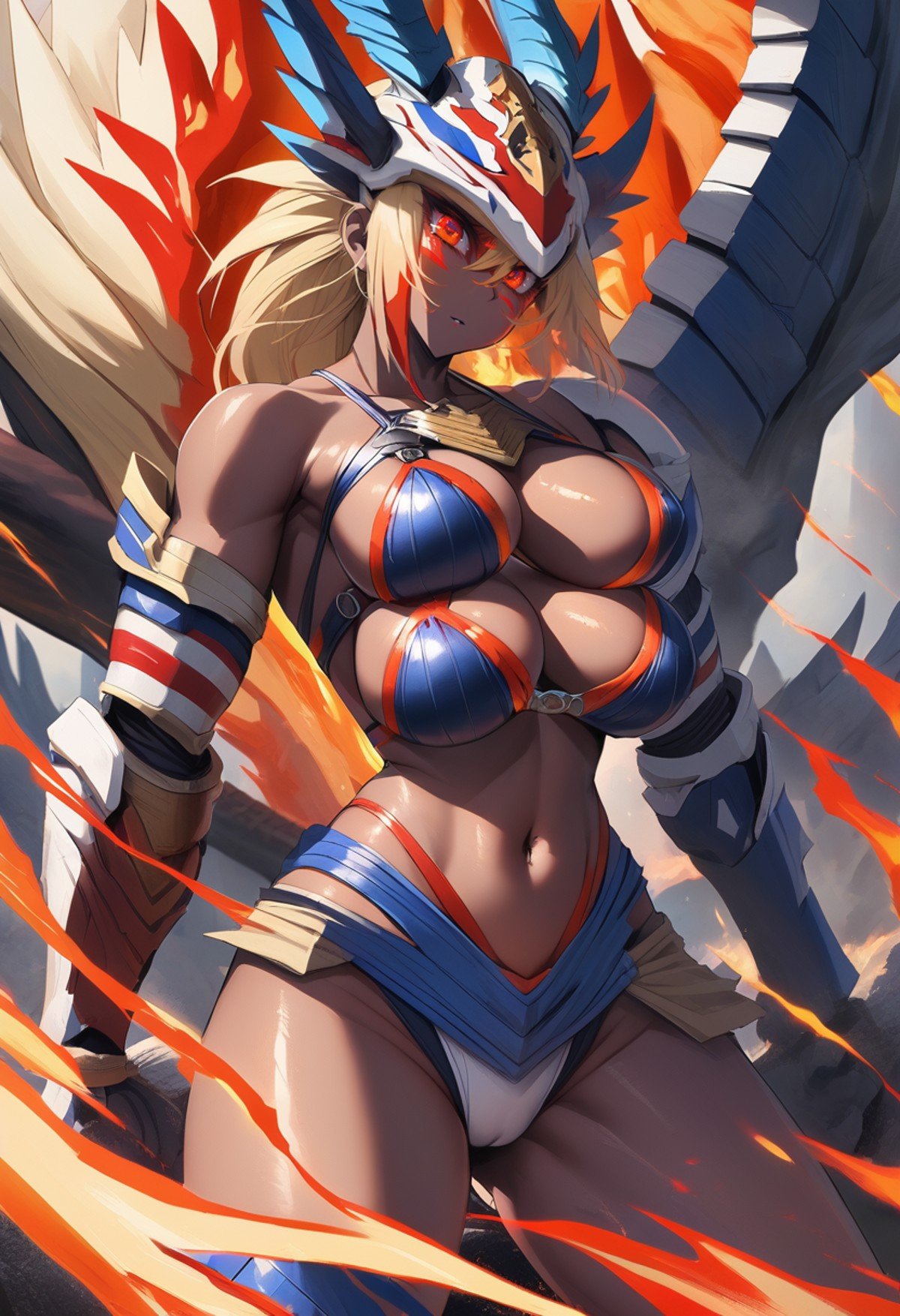 masterpiece, best quality,//////////////(many breasts:1.3),1girl , armor , breasts, cleavage, blonde hair, dark-skinned female, dark skin, monster hunter \(character\), navel, medium breasts, helmet, orange eyes, dragon, solo, fire, red eyes ////////   <lora:ziyunKohakuGammaV2:1> <lora:ManyBreasts-000067:1>