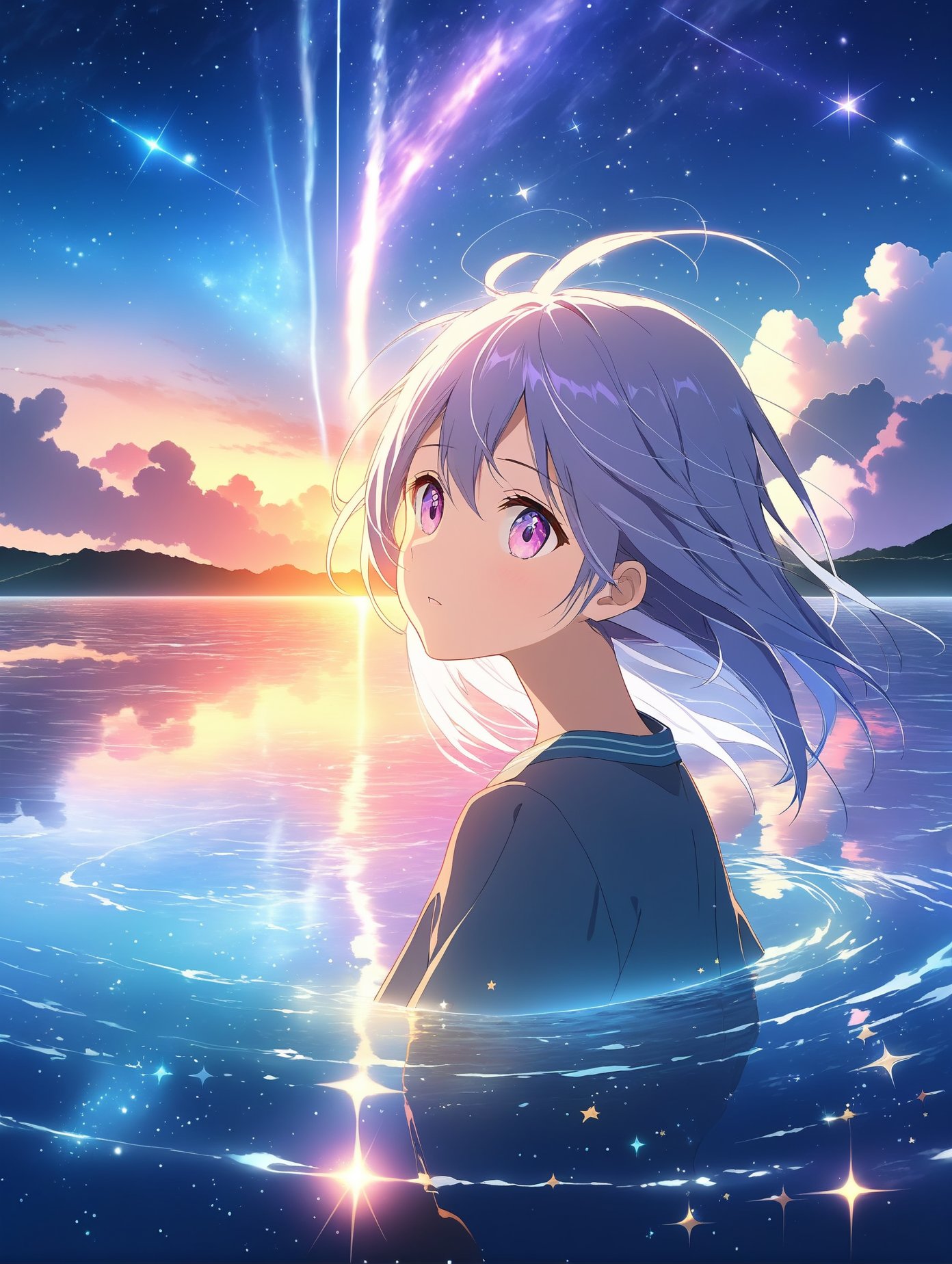 Makoto Shinkai,masterpiece,best quality,illustration,stars in the eyes,dishevelled hair,Starry sky adorns hair,1 girl,sparkling anime eyes,beautiful detailed eyes,beautiful detailed stars,blighting stars,emerging dark purple across with white hair,multicolored hair,beautiful detailed eyes,beautiful detailed sky,beautiful detailed water,cinematic lighting,