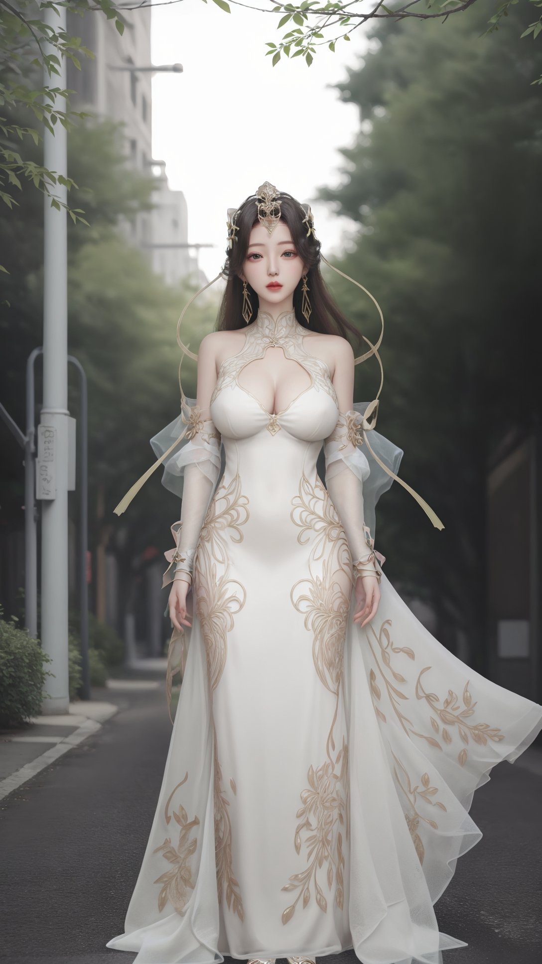 (1girl),smooth chin,masterpiece,detailed face,((hair ornament)),top quality,4k,make up,best quality,large breasts,(looking at viewer),green line on white dress,hair pin,detached sleeves,mature female,forehead mark,<lora:柳神SD1.5_v1.0:0.85>,gown,aged up,on street,ribbon,arms behind back,open arms,full body,spread arms,