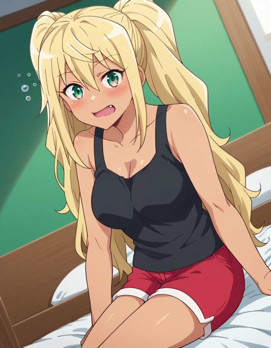 score_9, score_8_up, score_7_up, source_anime,hibikisakura, <lora:hibiki-sakura-s1-ponyxl-lora-nochekaiser:1>hibiki sakura, long hair, blonde hair, hair between eyes, twintails, green eyes, fang, dark skin, dark-skinned female, gyaru, mature female,shirt, cleavage, bare shoulders, collarbone, shorts, black shirt, short shorts, tank top, red shorts, black tank top,indoors, bed, bed room, on side, blush, drunk,looking at viewer, dutch angle, cowboy shot