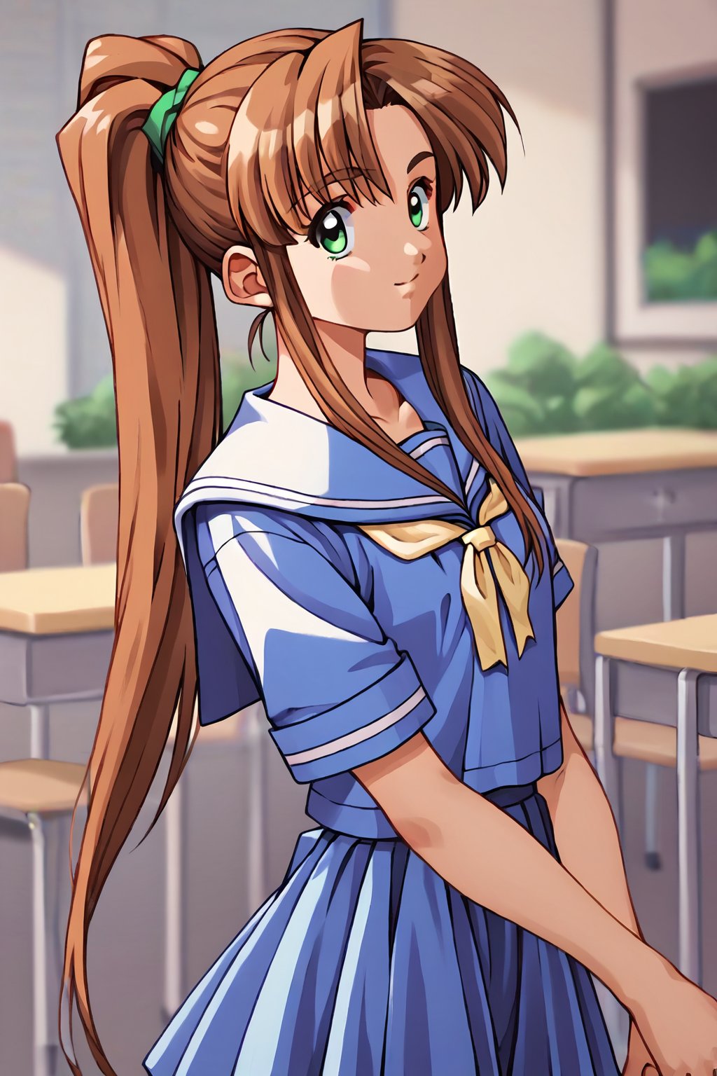 score_9, score_8_up, score_7_up, score_6_up, score_5_up, score_4_up, source_anime,murata miyuki,1girl, solo, school uniform, long hair, green eyes, brown hair, skirt, high ponytail, ponytail, blue serafuku, pleated skirt, miyuki_school, short sleeves, smile, arms behind back, looking at viewer, blue skirt, sidelocks,masterpiece, perfect face, best quality, beautiful girl, blurry background, cute girl, beautiful eyes, shiny eyes, anime coloring, anime screencap, absurdres,<lora:murata miyuki anyt 905:0.8>