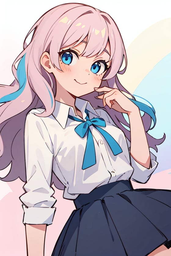 masterpiece,best quality,upper body,1girl,collared_shirt and flared_skirt as material3,rainbow order,pastel color,omake,wavy hair,small breasts,blue eyes,:>,rotated