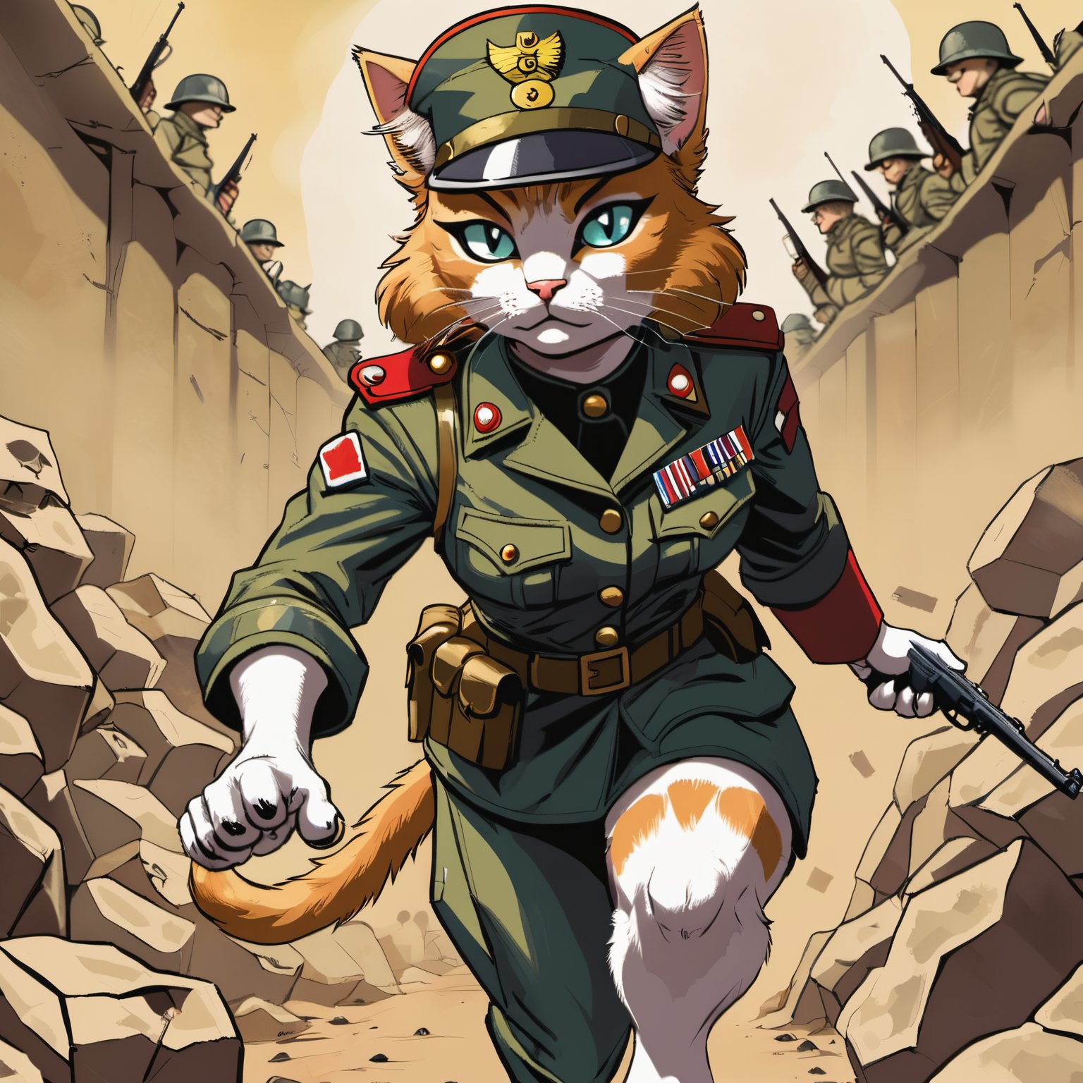 Closeup of an anthro furry cat female wearing soldier uniform ,fighting in ww1 trench, paws, paw pads towards viewer, Retro style artwork, comic book art, high details, comic book cover, symmetrical, vibrant colors