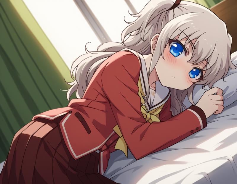 score_9, score_8_up, score_7_up, source_anime,naotomori, <lora:nao-tomori-s1-ponyxl-lora-nochekaiser:1>,nao tomori, long hair, blue eyes, two side up,school uniform, serafuku, long sleeves, red blazer, red skirt, pleated skirt, white sailor collar,indoors, bed, bed room, on side, blush, drunk,looking at viewer, cowboy shot, solo, dutch angle,