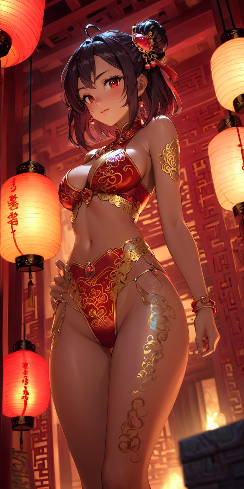 extreemely detailed,rpg game hero,sexy, ancient chinese chity, night, red chinese lamps,chromatic aberration, colorful lighting conditions, oily skin, dynamic angle, standing, closeupcleavage, hair ornament,showing nipples, bare breasts, nsfw,focus on legs, high definition photo, ultra detailed skin, ultra detailed face, small skin imperfections, 1girl, French bob, medium boobs, Tall body, dark eyes, Mahogany hair