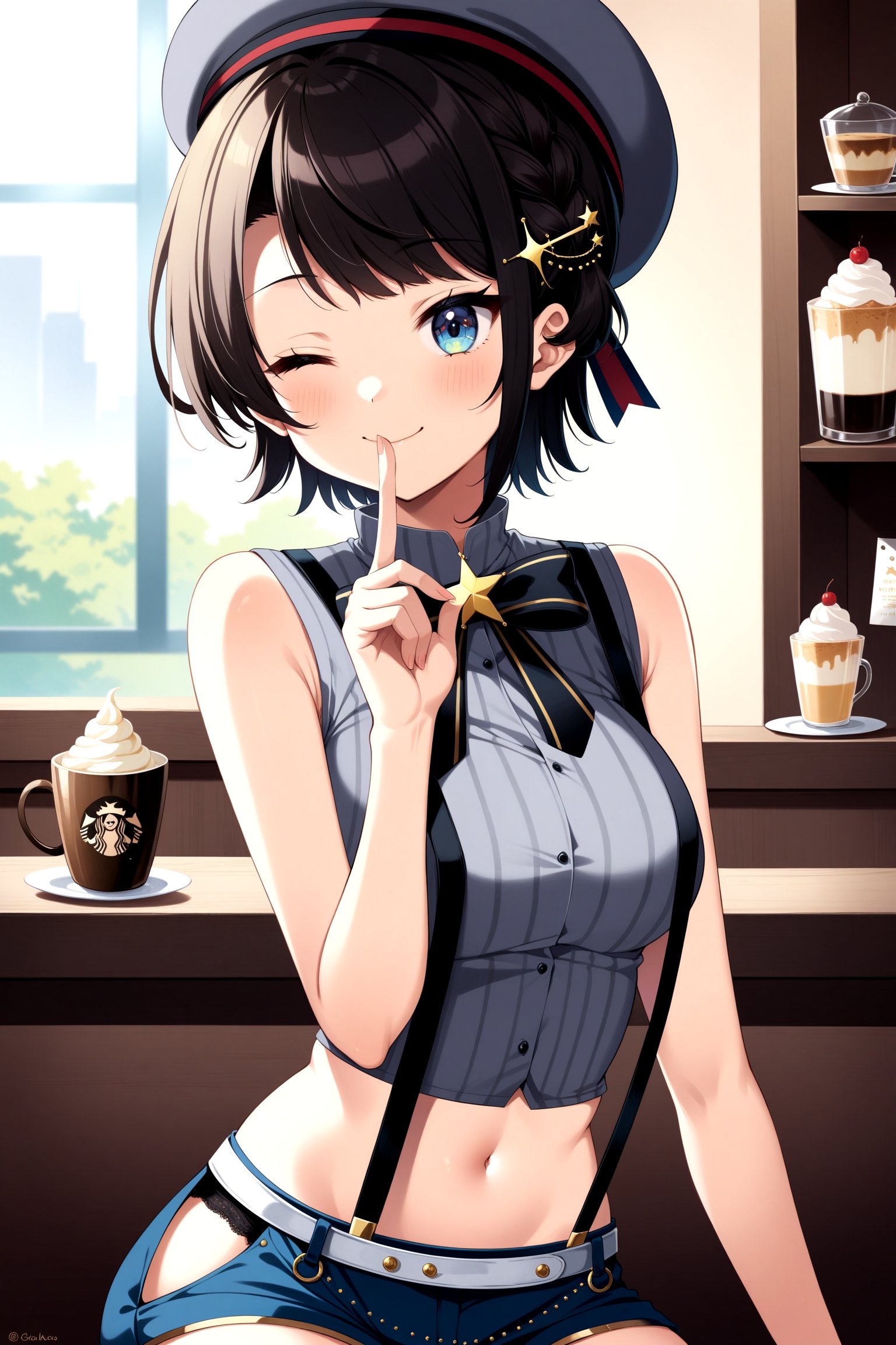 (masterpiece, best quality, very aesthetic, ultra detailed), intricate details, 4k, anime style, ccsubaru, short hair, french braid, hairclip, grey headwear, black bowtie, grey shirt, sleeveless, suspenders, midriff, blue shorts, grey thighhighs, <lora:oozora_subaru_XL_v1:0.9>, smile, shushing, one eye closed, finger to mouth, upper body, cafe