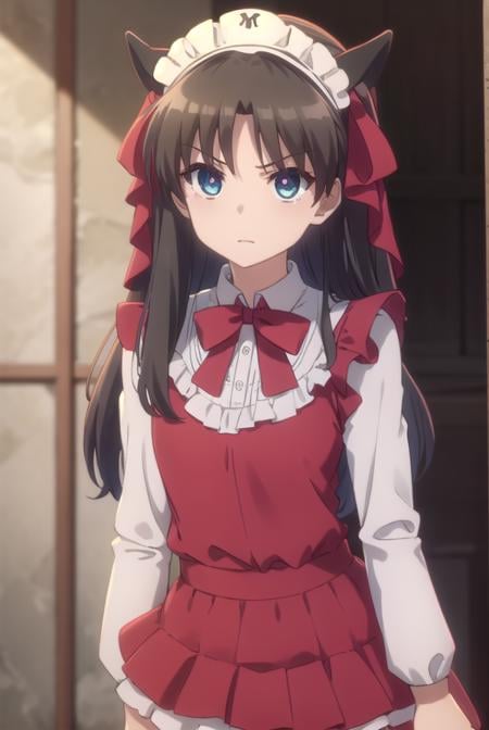 rintohsaka, <lora:rin tohsaka prisma s2s3-lora-nochekaiser:1>,rin tohsaka, long hair, black hair, two side up, aqua eyes, bow, hair bow,BREAK thighhighs, dress, frills, black thighhighs, zettai ryouiki, long sleeves, maid, maid headdress, red dress,BREAK outdoors, snow,BREAK looking at viewer, (cowboy shot:1.5), dynamic pose,BREAK <lyco:GoodHands-beta2:1>, (masterpiece:1.2), best quality, high resolution, unity 8k wallpaper, (illustration:0.8), (beautiful detailed eyes:1.6), extremely detailed face, perfect lighting, extremely detailed CG, (perfect hands, perfect anatomy),