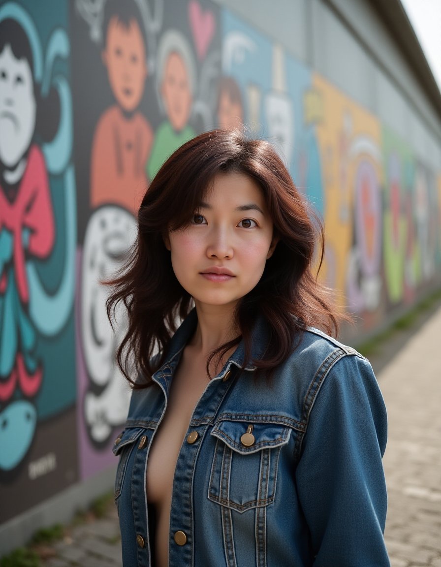 realistic photo of a Japanese woman, young woman, ベルリンの壁アートでのポートレイト: "Shiho taking a portrait in front of the iconic Berlin Wall, adorned with powerful and historic street art, capturing the essence of Germany's vibrant art scene."<lora:shiho1KFlux001:0.9> shiho, (best quality), (masterpiece), 16k, 8K, ultra detailed, detailed skin, detailed face, masterpiece, best quality, ultra-detailed, intricate details, high resolution, 8k, sharp focus, vivid colors, high contrast, cinematic lighting, (naked:1.2)