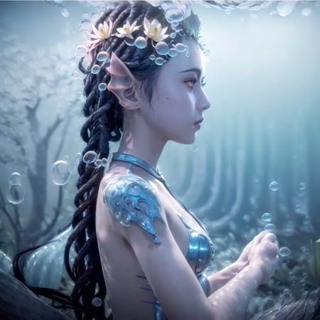 (illustration:1.8),(best quality),(masterpiece:1.5),masterpiece,extremely detailed CG unity 8k wallpaper),depth of field,dramatic angle,(Silver detailed cyan_ribbon and white flowers in the girl's long black_hair:1.25),(braid), (detailed beautiful face:1.3),detailed symmetrical_Blue_eyes,(Ancient palace background far away:1.55),A slight light, (pink flower:1.2),chiaroscuro, ((lotus) in beautiful detailed flowing_clouds_sea:1.3), Rayleigh scattering,(feather headdress:1.15),grass background,nature,((very wide shot)),(((Underwater))),Deep focus,Watermaker(bubbles:1.5),turtles,corals,Floating clothes,bottle with stopperwater in bottle,bere, a woman in a blue costume with a sword<lora:bere-10:0.7>