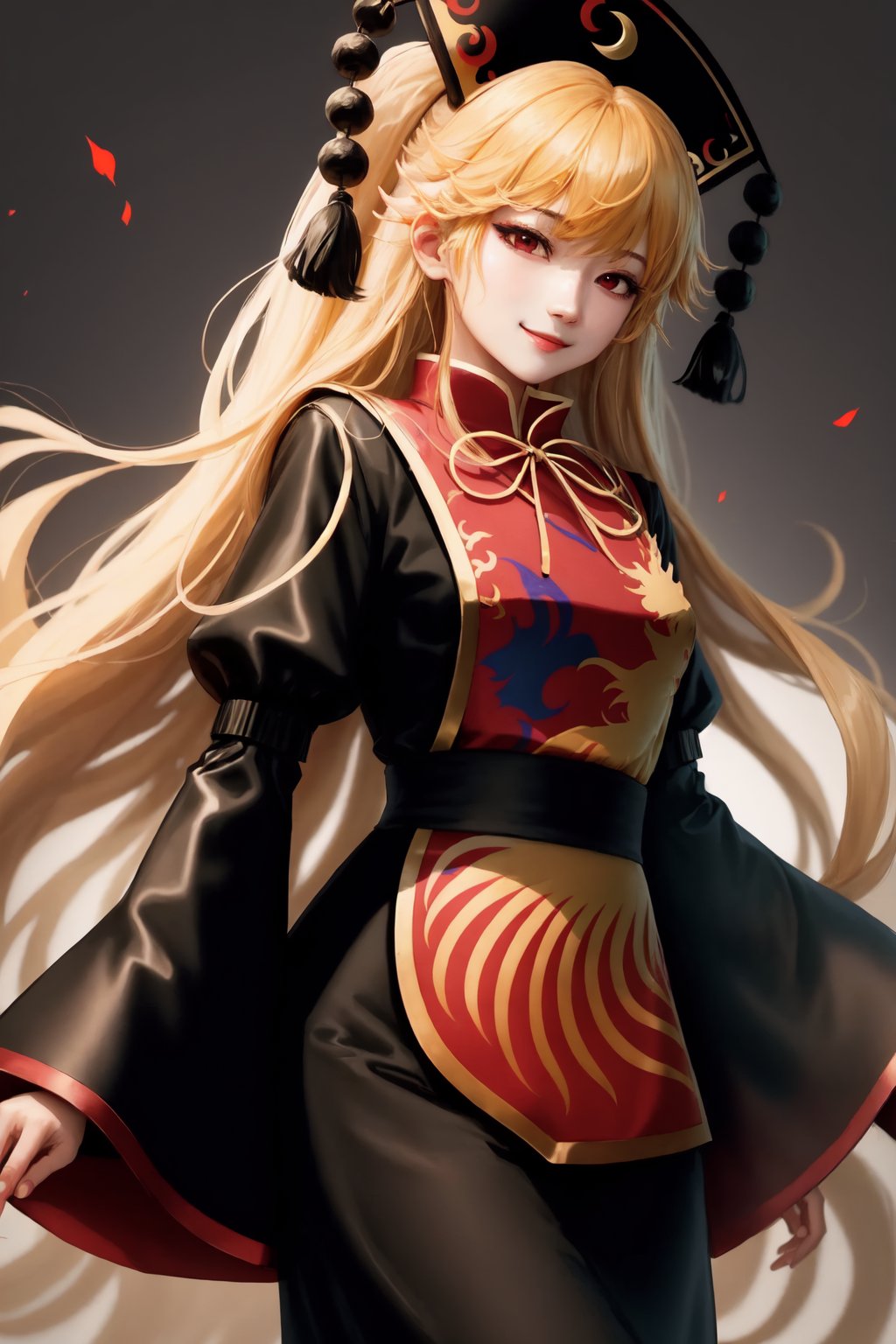 junko_(touhou),1girl,solo,tabard,hat,long_sleeves,black_dress,looking_at_viewer,wide_sleeves,chinese_clothes,closed_mouth,smile,pom_pom_(clothes),black_headwear,simple_background,crescent,phoenix_crown<lora:junko_(touhou):1>,simple background,white backgroundmasterpiece,best quality, highly detailed, 