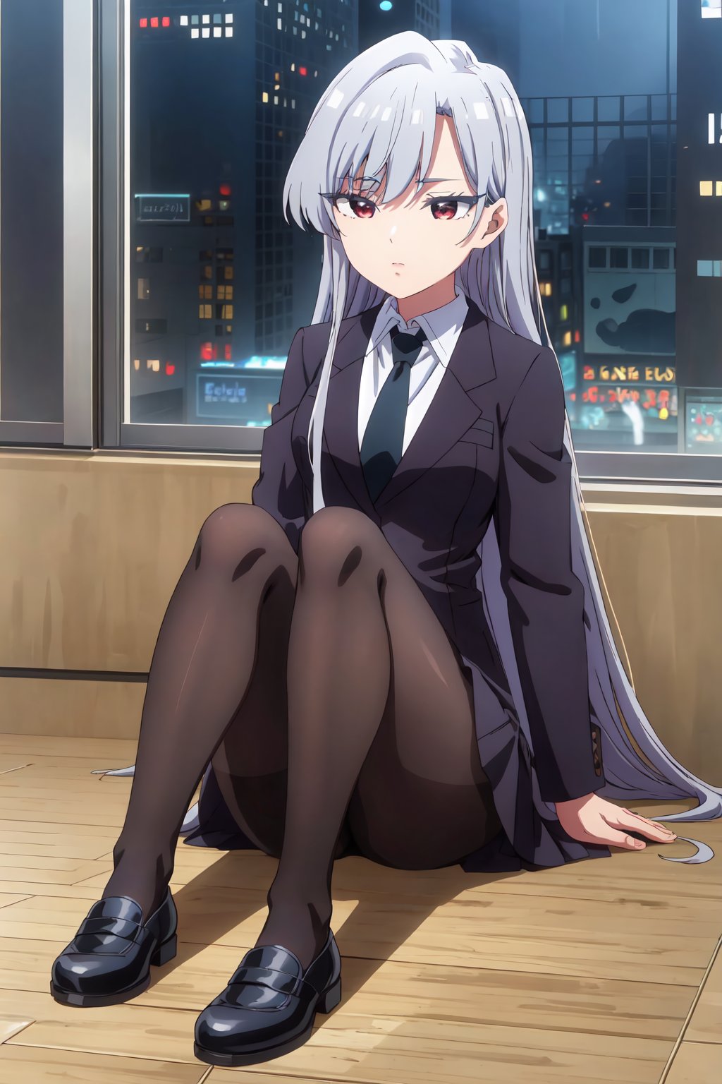 NanoEiai, 4k, absurd, high resolution, very high resolution, high definition, masterpiece, 1 girl, long hair, alone, silver hair, locks, reddish brown eyes, black jacket, white shirt, blue tie, black skirt, black pantyhose, black shoes<lora:EMS-392397-EMS:0.800000>