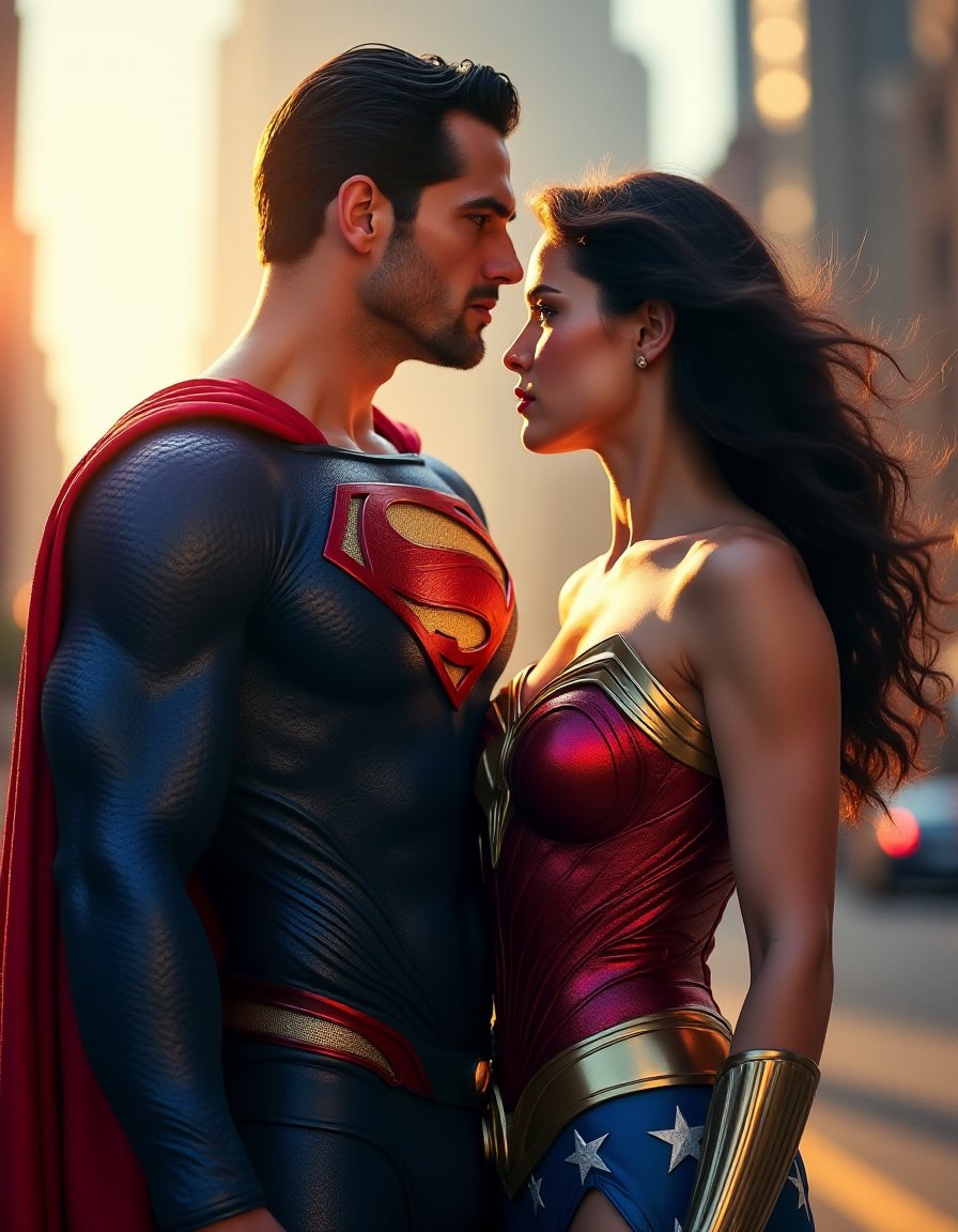 (Superman) and (wonderwoman), side by side, (afternoon New york background), (Random Dynamic pose, modeling pose:1.4), mid body portrait,highly detailed, digital painting, holographic, artstation, concept art, sharp focus, illustration, art by Ross Tran, Jim Lee, Extremely Realistic, 8K Kodak Golden shot. 