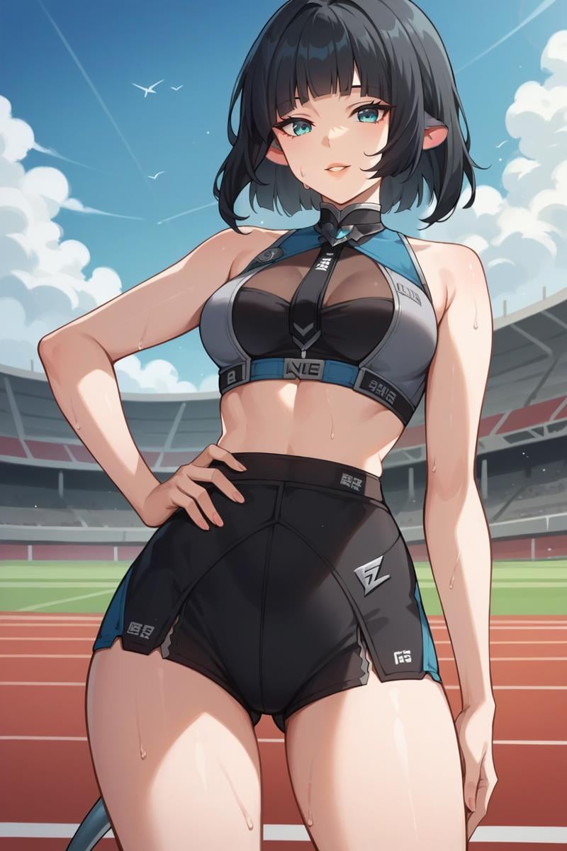 score_9, score_8_up, score_7_up, source_anime, 1girl, prefect lighting, very aesthetic, intricate details, highly detailed background, masterpiece, high quality, prefect hands, best quality, solo,<lora:Jane_Doe_ZZZ_V1:.85>, KJOjane, medium hair, black hair, aqua eyes, blunt bangs, tail, mouse ears, mouse girl, sports bra, sports panties, sweat, light smile, parted lips, hand on own hip,standing,outdoors, track field, arena, sports arena, day, (Beautiful, medium Breasts:1.2), natural breasts,