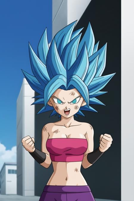 source_anime, score_9, score_8_up, score_7_up, anime screencap,caulifla, blue hair, spiked hair,  blue eyes, collarbone, tube top,  looking at viewer, bruise on face, slight smile, blue sky, ruined city, destroyed buildings, ((blue aura)), (super saiyan blue), torn baggy pants, clenched hands, detailed face,  <lora:caulifla_pony_v1:0.8>