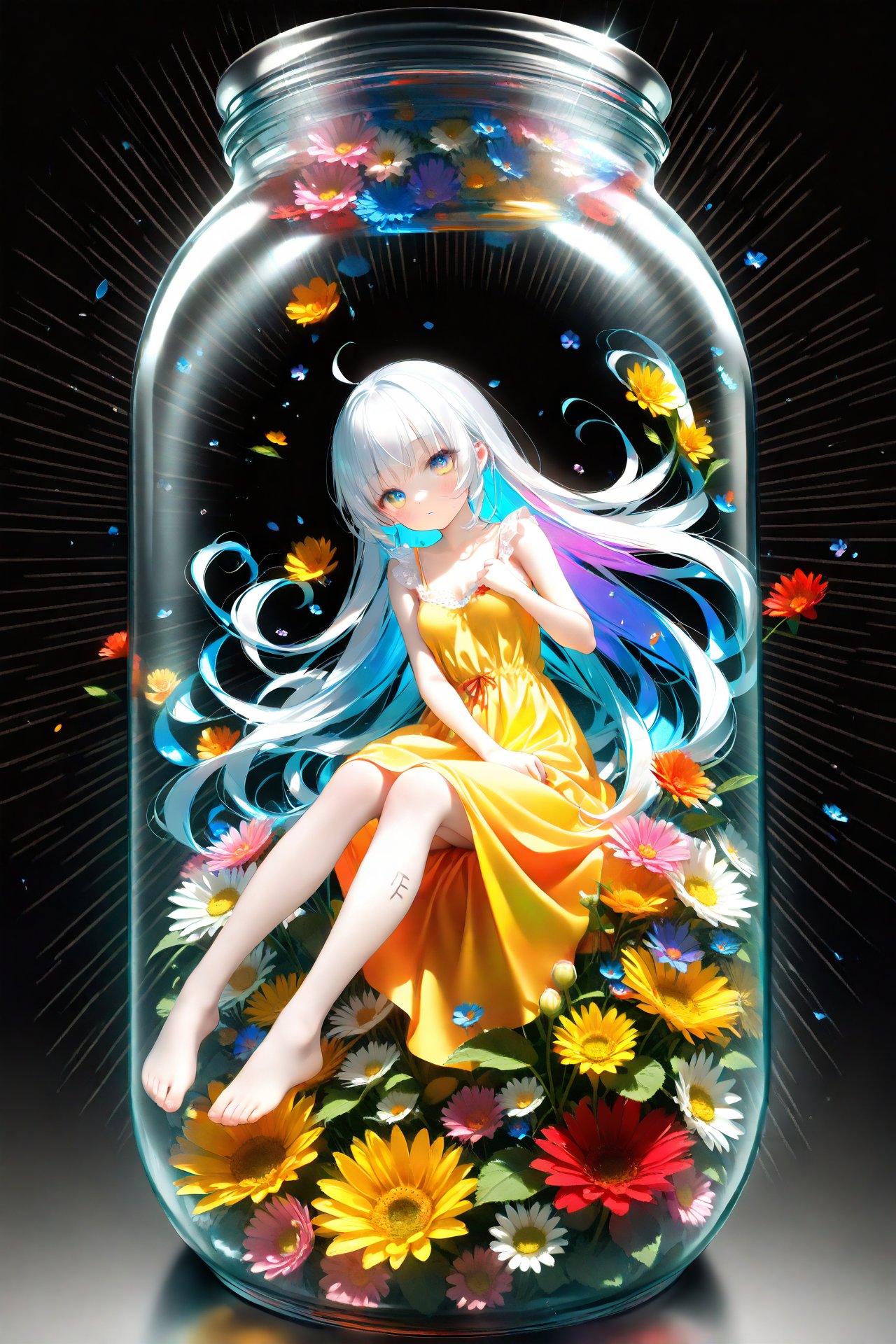 (masterpiece),(best quality),illustration,ultra detailed,hdr,Depth of field,(colorful),loli,(flowers background:1.45),(transparent background:1.3)(an extremely delicate and beautiful girl inside of glass jar:1.2),(glass jar:1.35),(solo:1.2),(full body),(beautiful detailed eyes, beautiful detailed face:1.3),(sitting ),(very long silky hair, float white hair:1.15),(medium_breasts, tally and skinny:1.2),(Colorful dress:1.3),(extremely detailed lace:0.3),(insanely detailed frills:0.3),(hairband , orange hair_ornament:1.25),orange cans,water surface,full body,(bottle filled with orange water,bottle filled with Fanta:1.25),(many fruits in jar, many Sliced_fruits in jar:1.25),(many bubbles:1.25),