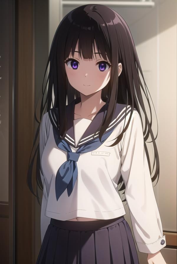 eruchitanda, <lora:eru chitanda s1-lora-nochekaiser:1>,eru chitanda, long hair, black hair, bangs, blunt bangs, (purple eyes:1.1), sidelocks, smile,BREAK skirt, school uniform, serafuku, kamiyama high school uniform \(hyouka\), black skirt, long sleeves, black sailor collar,BREAK indoors, classroom,BREAK looking at viewer, (cowboy shot:1.5),BREAK <lyco:GoodHands-beta2:1>, (masterpiece:1.2), best quality, high resolution, unity 8k wallpaper, (illustration:0.8), (beautiful detailed eyes:1.6), extremely detailed face, perfect lighting, extremely detailed CG, (perfect hands, perfect anatomy),