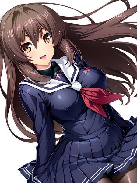 (masterpiece),(best quality),(ultra-detailed),(best illustration),(best shadow),(absurdres),(detailed background),(very aesthetic), marina katsuragi, schooluni, 1girl, solo, large breasts, long hair, brown hair, pantyhose, school uniform, skirt, open mouth, smile, black pantyhose, serafuku, white background, simple background, looking at viewer, pleated skirt, smile,   upper body view, <lora:XL-Marina_Katsuragi葛城_真理奈_-_Kouyoku_Senki_ExS-TiA光翼戦姫エクスティア_SDXL_Animagine_XL_3.1v2:1>