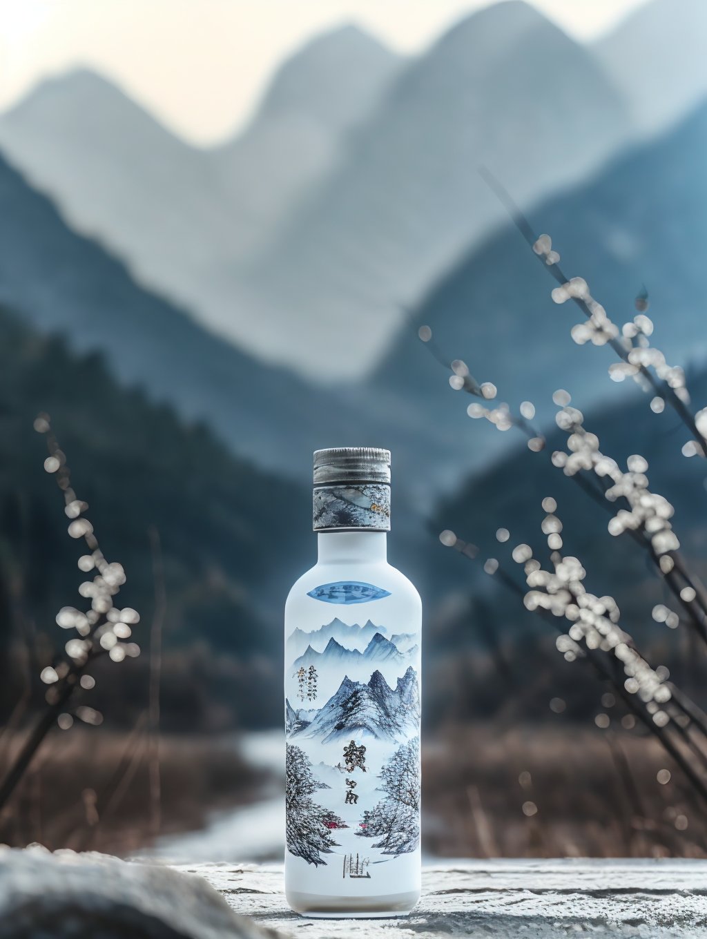 bottle,no humans,tree,branch,blurry,outdoors,depth of field,mountain,sky,GQSY 