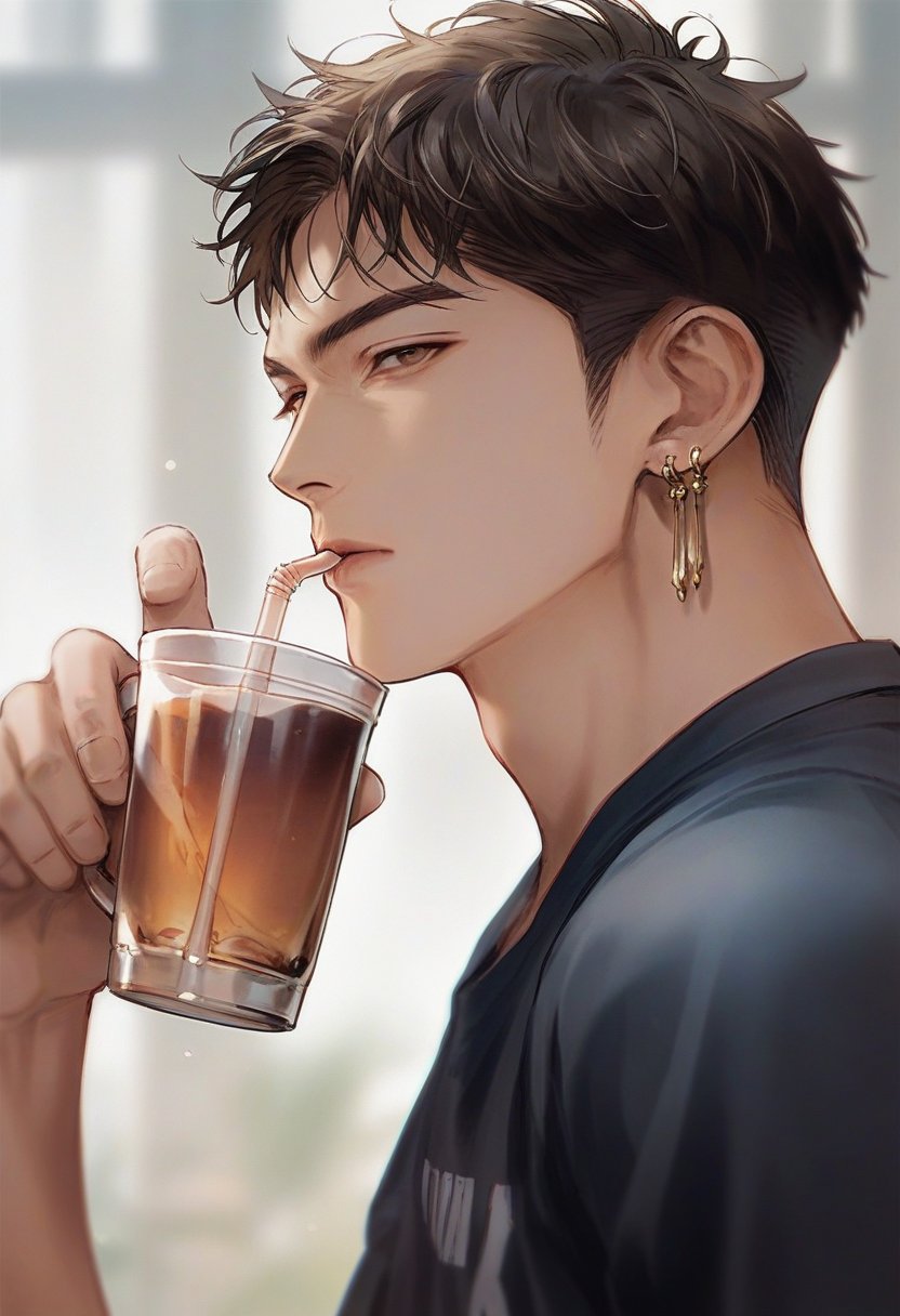 <lora:dong4056:0.8>,dong2342,1boy,solo,jewelry,earrings,cup,short hair,holding,single earring,looking at viewer,shirt,drinking,from side,upper body,, score_9,score_8_up,score_7_up,source_anime,