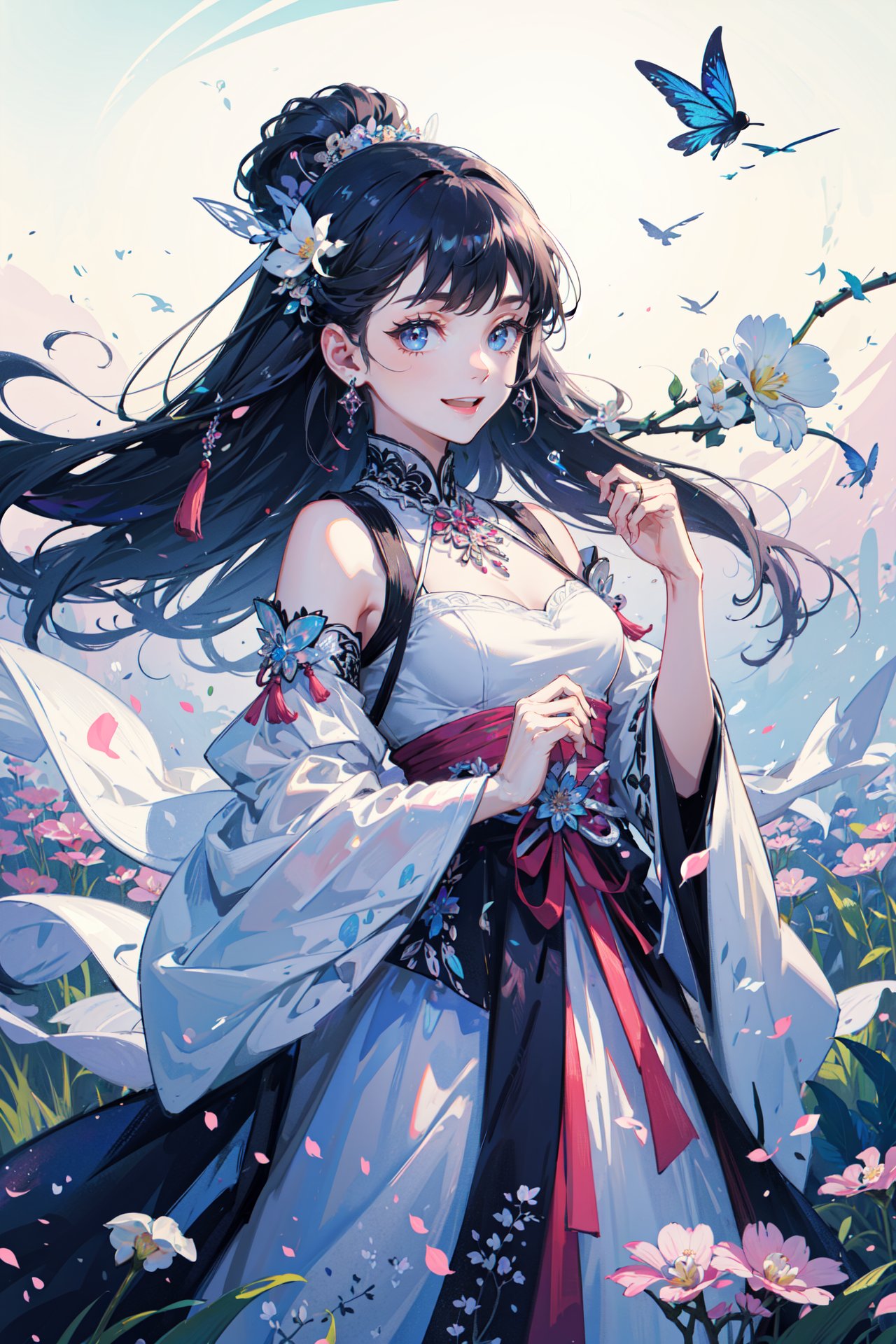 ((best quality, masterpiece, absurbres, super-resolution)), (kawaii, pop, cute:1.1), 1girl, solo,white orchid behind,field of  flowers ,puxian opera,blooming flowers, dan role,complex flower background, jewelry, hair_ornament, tassel,  smile,(high saturation),(colorful splashes),highly intricate details