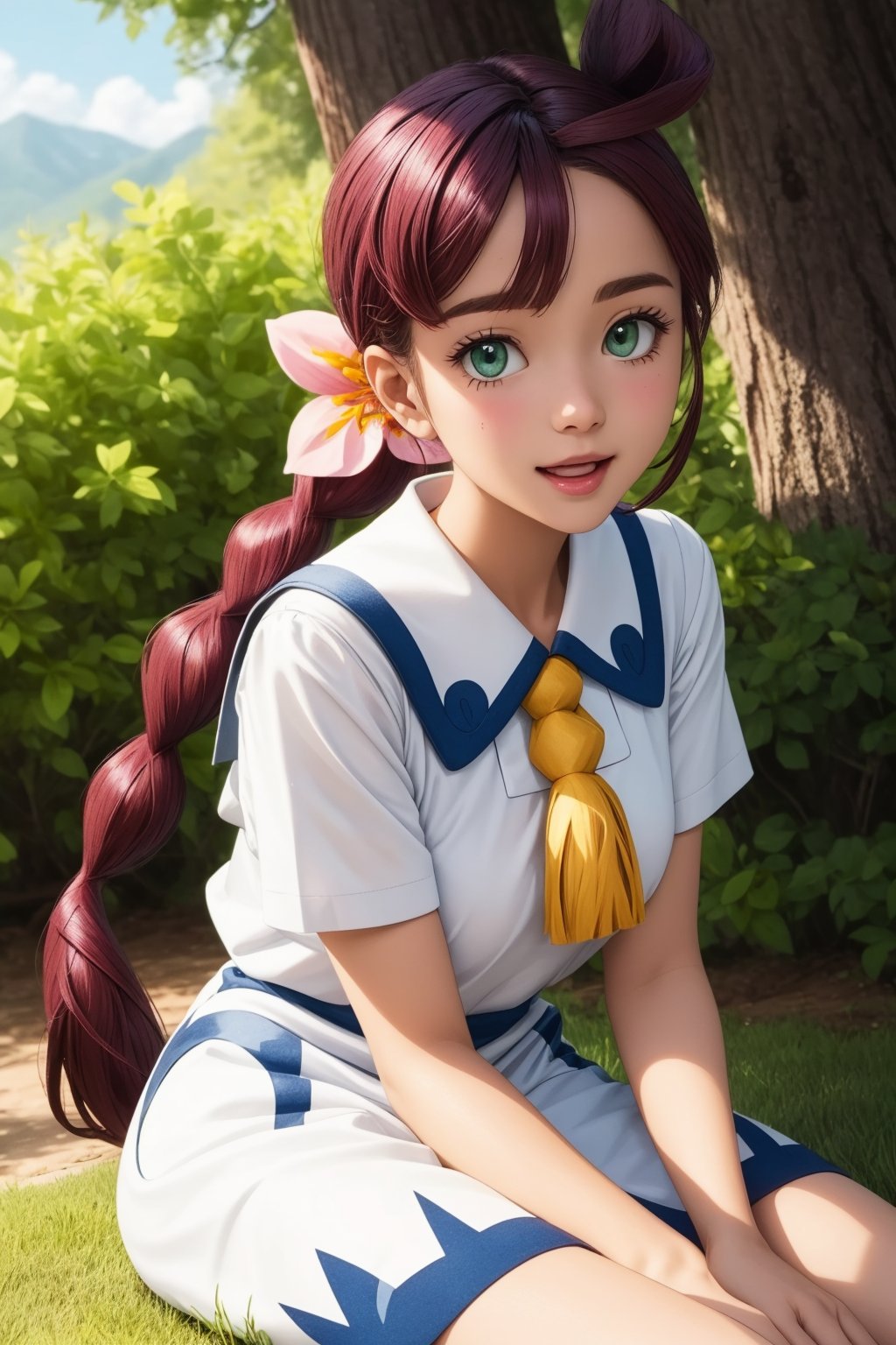 pkmnchloe, 1girl, solo, green eyes, purple hair, long hair, bangs, single braid, braided ponytail, hair ornament, hair flower, pink flower,school uniform, white dress, collared dress, short sleeves, neck tassel,smile,closed mouth,cowboy shot,sitting,forest,outdoor,(insanely detailed, beautiful detailed face, masterpiece, best quality) cinematic lighting,<lora:PKMN_Chloe_v3:1>, <lora:more_details:0.3>,