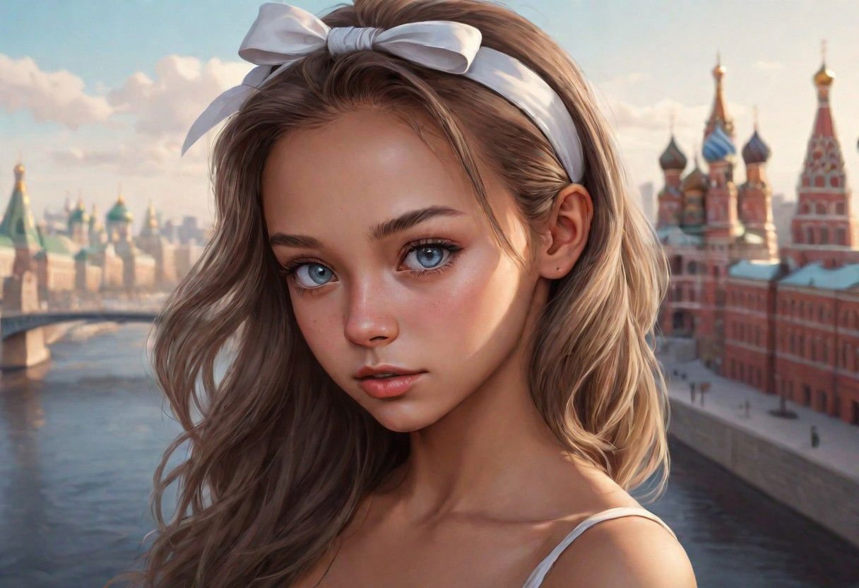 1girl, tanned skin, realistic eyes, detailed face, sharp, russian, girly, bow in hair, city scape, photo real