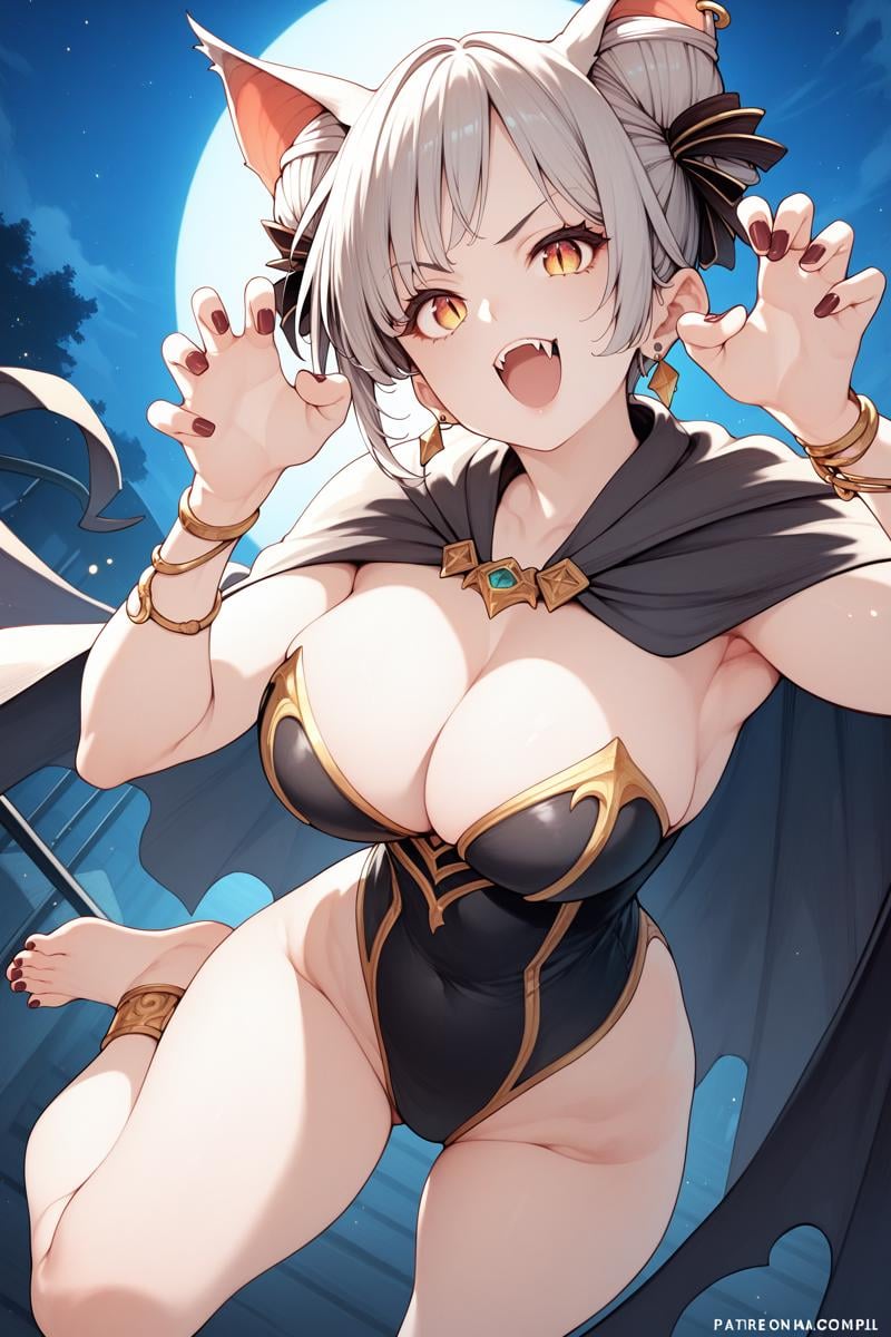 score_9, score_8_up, score_7_up,  source_anime, 1girl,  solo, leotard,  cleavage, breasts, nail polish, open mouth, short hair,  double bun, bound, hair bun, fangs, barefoot, animal ears,  cape, toenails, large breasts,  jewelry, grey hair, fingernails, toenail polish, looking at viewer, earrings,   night, claw pose, bat ears,  <lora:Sirokuma_PonyXL_dim24-000045:1>