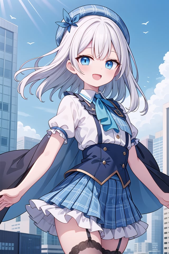 (cleavage:-1.5), insanely detailed, absurdres, ultra-highres, ultra-detailed, best quality,1girl, solo, nice hands, perfect hands,BREAK(gothic drress, Idol costume:1.3), (blue and white theme:1.2), (white blouse:1.4), (white collar, tie:1.3), (open short-cape:1.3), (short sleeve:1.2), (blue tartan-check pattern (ruffle-skirt, multilayer-skirt):1.4), (white basque-beret with ribbon:1.3), (Fishnet stockings:1.3), (glove:1.2), (cleavage:-1.5)BREAKhappy smile, laugh, open mouth,standing,own hands together,cowboy shot,BREAKslender, kawaii, perfect symmetrical face, ultra cute girl, ultra cute face, ultra detailed eyes, ultra detailed hair, ultra cute, ultra beautiful,BREAKcityscape in tokyo, ultra detailed background, blue sky, bay side, panorama view,medium breasts, white hair, blue eyes