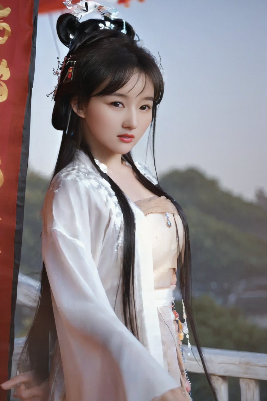 (global illumination, reality,ray tracing, HDR, unreal rendering, reasonable design, high detail, masterpiece,best quality, ultra high definition, movie lighting),1girl,outdoor,looking_at_viewer,side_blunt_bangs,china_dress,chinese_style,big breasts,pose,solo,1girl,black hair,black eyes,  hanfu <lora:HanfuSongWutaiXj:0.8>