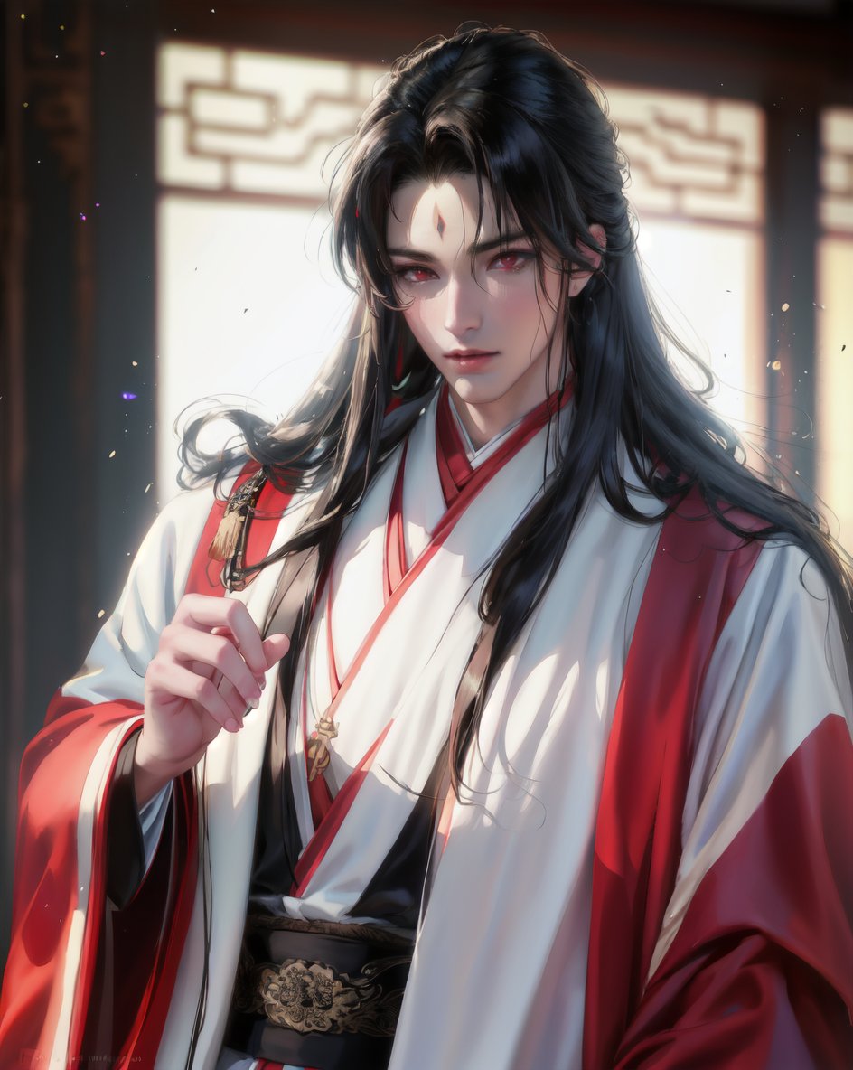 masterpiece, best quality, highly detailed background, perfect lighting, ((masterpiece)), depth of field, cinematic lighting, 1boy, male focus, black hair, long hair, forehead mark, facial mark, bishounen, looking at viewer, red eyes, chinese clothes, hanfu, closed mouth, long sleeves, robe, parted bangs, very long hair, black, robe<lora:more_details:0.1>, <lora:sakimichan-v1.5fix-lora-32dim-10ep-novae-newcraft:0.8>,  <lora:lora:0.8>, black clothes