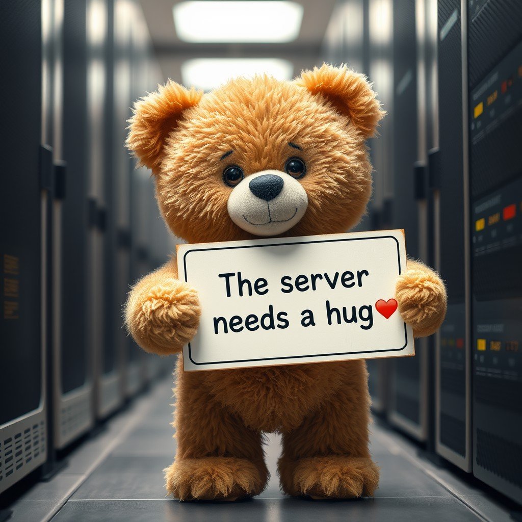 The cutest little teddy bear standing in a server room, holding a sign with the text: "The server needs a hug ❤️"deep depth of field, photography, Natural geographic photo, Hyper-realistic, 16k resolution, (masterpiece, award winning artwork), many details, extreme detailed, full of details, Wide range of colors, high Dynamic,