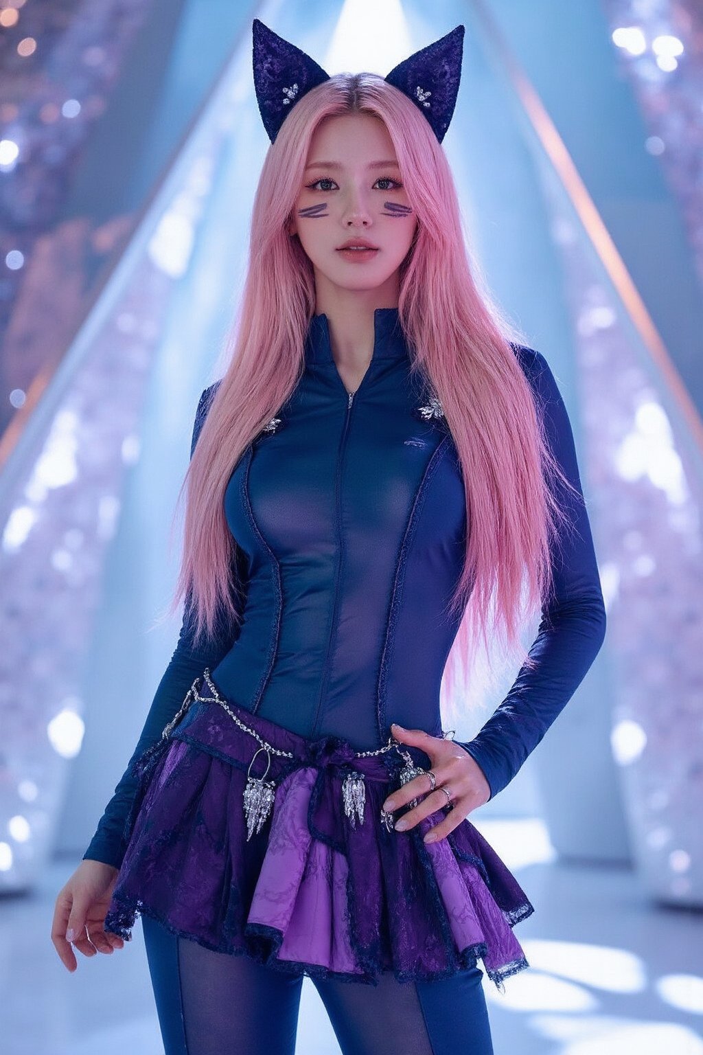 a young korean woman with a futuristic and fantastical appearance. she has long, flowing pink and blonde hair, styled with two cat-like ears on top of her head. She is dressed in a sleek, form-fitting outfit that blends shades of blue, purple, and black, giving off a metallic and high-tech vibe. The outfit is adorned with diamond-like embellishments and has a layered skirt with a gradient effect from dark to light colors.She stands confidently with one hand on her hip, and the other hanging by her side. Her pose exudes strength and poise. The background is an abstract, crystalline environment with shimmering lights and geometric shapes that reflect the light in various directions, creating a dynamic and magical atmosphere.The character's makeup is subtle but enhances her sharp features, including whisker-like markings on her cheeks, which further emphasize the cat-like theme., <lora:flux_realism_lora:1>,   <lora:makinaflux_miyeon_v1.0:1>