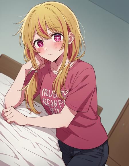 score_9, score_8_up, score_7_up, source_anime,rubyhoshino, <lora:ruby-hoshino-s1-ponyxl-lora-nochekaiser:1>,ruby hoshino, long hair, bangs, blonde hair, pink eyes, sidelocks, symbol-shaped pupils, multicolored hair, two-tone hair,shirt, twintails, pants, low twintails, t-shirt, clothes writing, pink shirt,indoors, bed, bed room, on side, blush, drunk,looking at viewer, cowboy shot, dutch angle, solo,