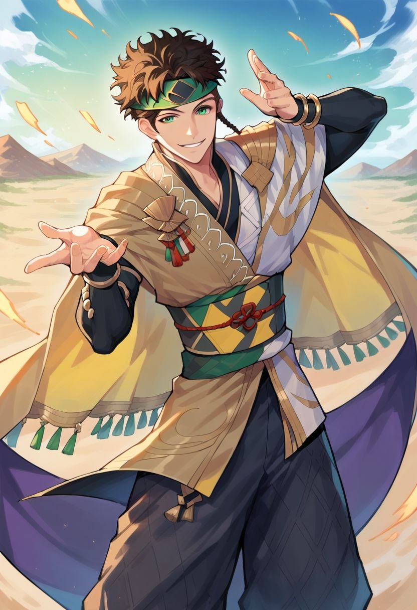 score_9, score_8_up, score_7_up, claudefe, claudewind, 1boy, solo, brown hair, short hair, curly hair, braid, green eyes, headband, japanese outfit, jewelry, bracelet, smile, dynamic pose, dutch angle, looking at viewer, desert, flowing sand, wind particles