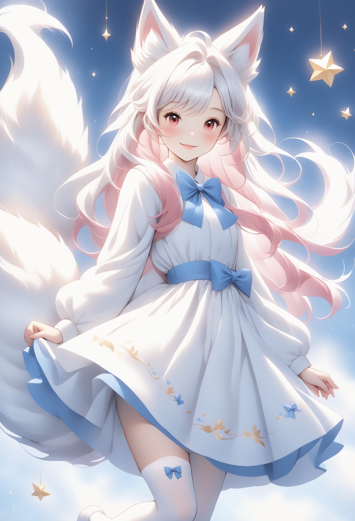 1girl, multiple colored hairs, smile,hair,smiling,lovely,cute,whole bodyblue bow, animal ears, red eyes, long hair, very long hair, long sleeves, solo, bow, hair between eyes, tail, fox tail, bangs, dress, white legwear, white hair