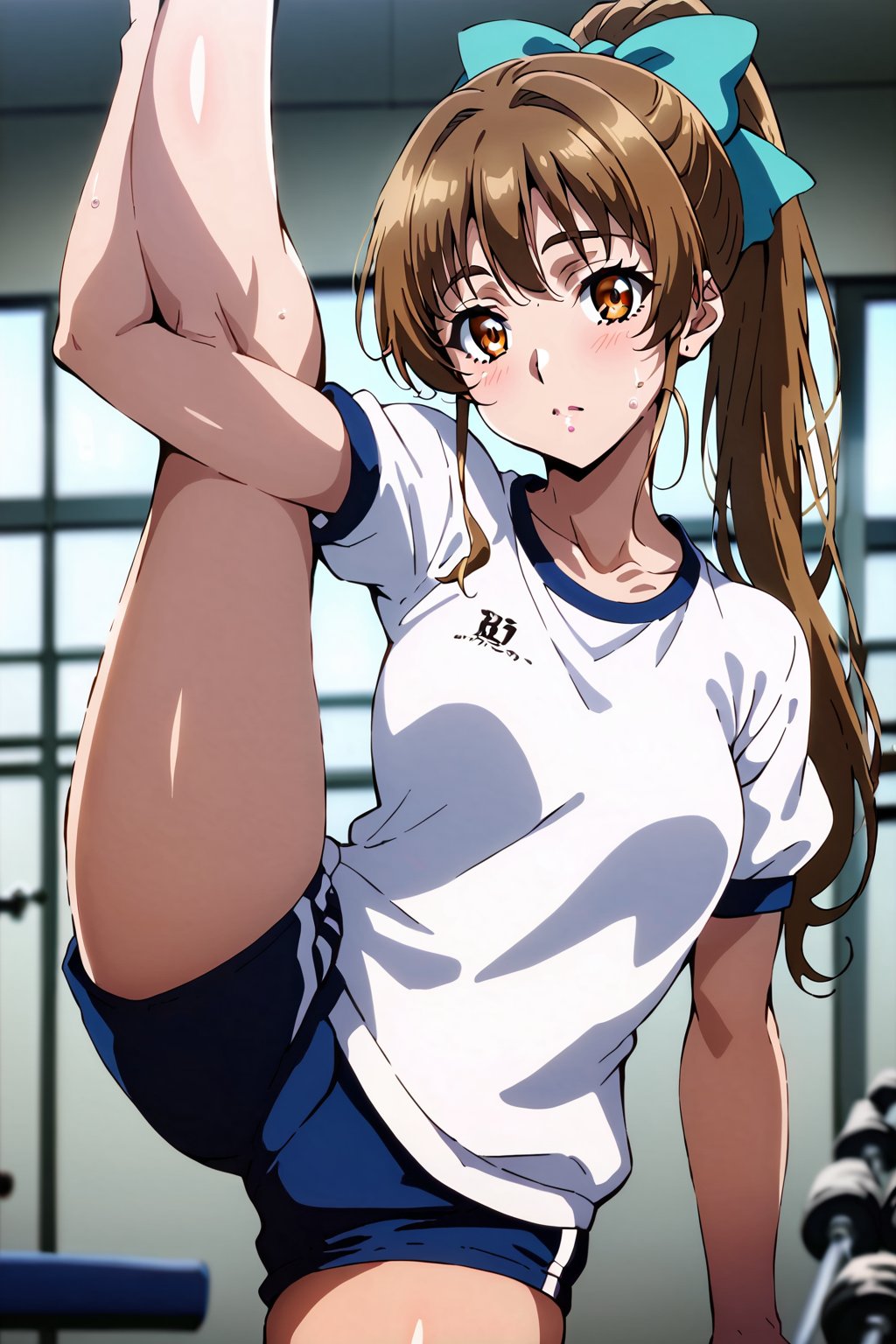 score_9, score_8_up, score_7_up, score_6_up, score_5_up, score_4_up, source_anime, cowboy shot, sunohara shizuka, 1girl, solo, ponytail, gym uniform, gym, standing split, looking at viewer,masterpiece, best quality, cute girl, beautiful girl, perfect body, perfect face, uncensored, hair bow, <lora:sunohara shizuka auti:1>