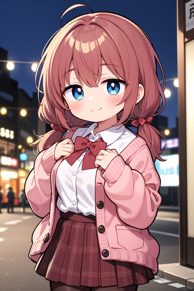 insanely detailed, absurdres, ultra-highres, ultra-detailed, best quality,1girl, solo, nice hands, perfect handsBREAK(School Uniforms:1.2), (pink cardigan is fit body:1.4), ((do up a buttons, not loose):1.5), ((long sleeve, sleeves past wrists):1.2), (inner wear is white collared-shirt:1.3), (red plaid-pattern bow:1.3), (red plaid-pattern pleated skirt:1.3), ((dark-brown pantyhose, loafers):1.2)BREAK(nsfw:-1.5)BREAKhappy smile, laugh, closed mouthBREAK,standing, cowboy shot, looking at viewerBREAKslender, kawaii, perfect symmetrical face, ultra cute girl, ultra cute face, ultra detailed eyes, ultra detailed hair, ultra cute, ultra beautifulBREAKin street, cityscape in harajuku, depth of field, ultra detailed backgroundBREAKmedium large breastsBREAKhime cut, (low twintails:1.3), messy hair, medium hair, (red brown hair, dark blue eyes:1.3)<lora:eyecolle_torenia_v100:0.5> <lora:eyecolle_nadeshiko_v100:0.5>
