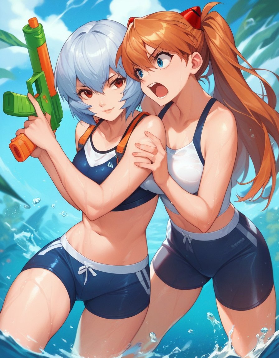 score_9, score_8_up, score_7_up, score_6_up, score_5_up, score_4_up, source_anime,2girls, water gun, water, wetBREAKayanami rei, smirkBREAKsouryuu asuka langley, wet, shouting, looking at another