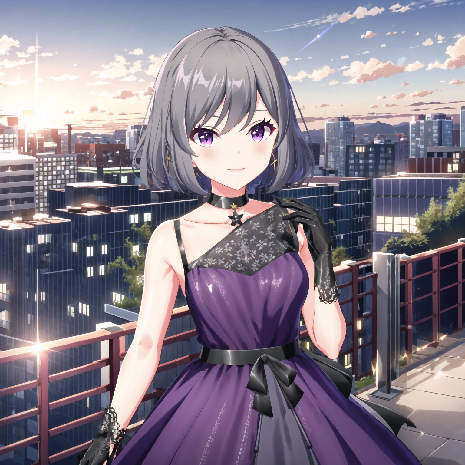 (high quality, best quality), 1girl, solo, kazanki rio, idol-outfit, <lora:rio2-000007:0.75>, [purple_dress, black_gloves], smile, blush, rooftop, fence, sunset, lens_flare, hdr