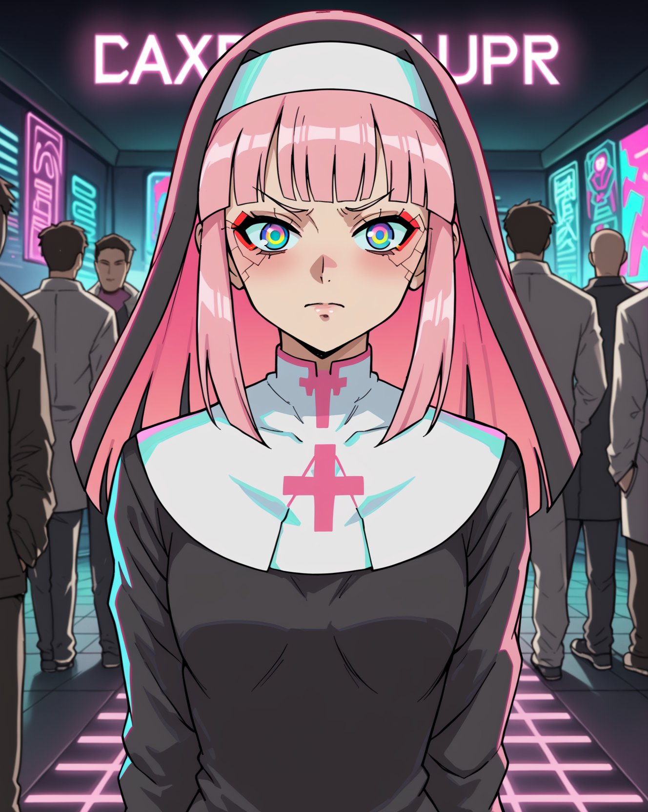 rebnun,   manga, Cyberpunk nightclub dance floor,, standing in hot nun, neon lights , 20 years old, pink hair,  half body portrait ,mans look at her behinde off her  <lora:nun-000008:1>