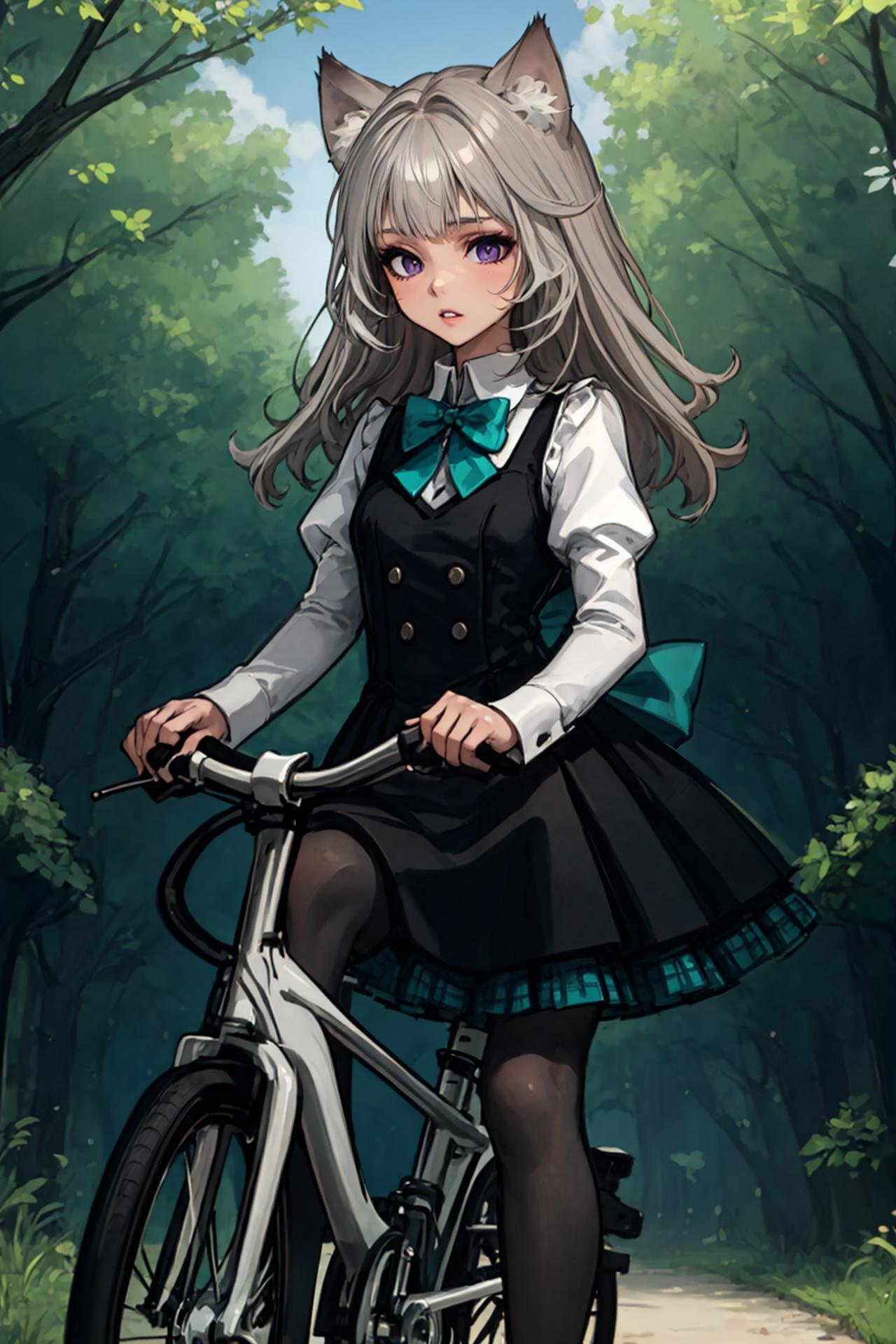 masterpiece, best quality, solo, 1girl, full body, expressionless, parted lips, (riding a bicycle:1.3), outdoors, forest path, trees, <lora:Genshin_Little_Lynette_v2-000360:0.7>, long hair, long sleeves, black dress, black vest, collared shirt, teal bow, cat ears, parted lips, purple eyes, cat tail, grey hair, grey pantyhose, black loafers, puffy sleeves, bowtie, plaid skirt, pleated skirt, black skirt, teal skirt