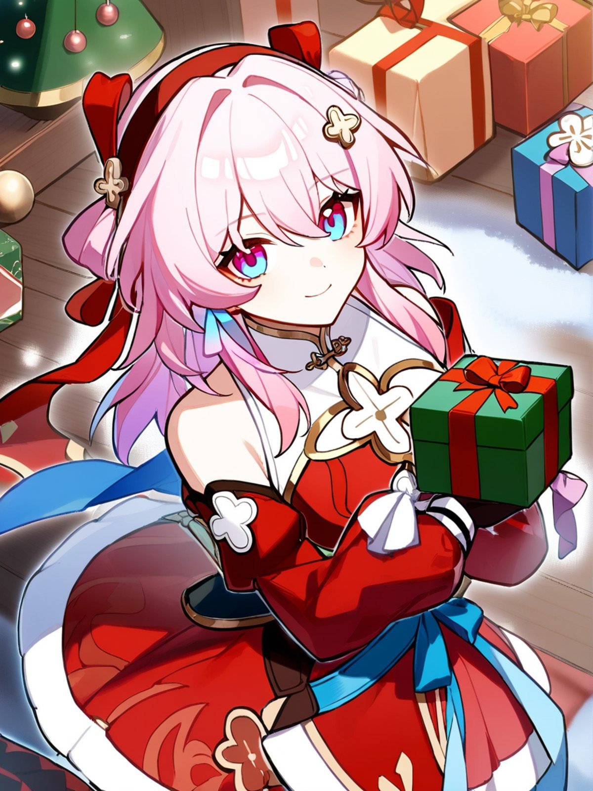 1girl,    march 7th \(hunt\) \(honkai: star rail\), solo, red sleeves, hairband, christmas, gift, long sleeves, holding, box, long hair, blue hair, detached sleeves, red hairband, closed mouth, gift box, bare shoulders, looking at viewer, blue eyes, smile, hair between eyes,   safe <lora:mki-ani31-march_7th_hunt-v4:1>