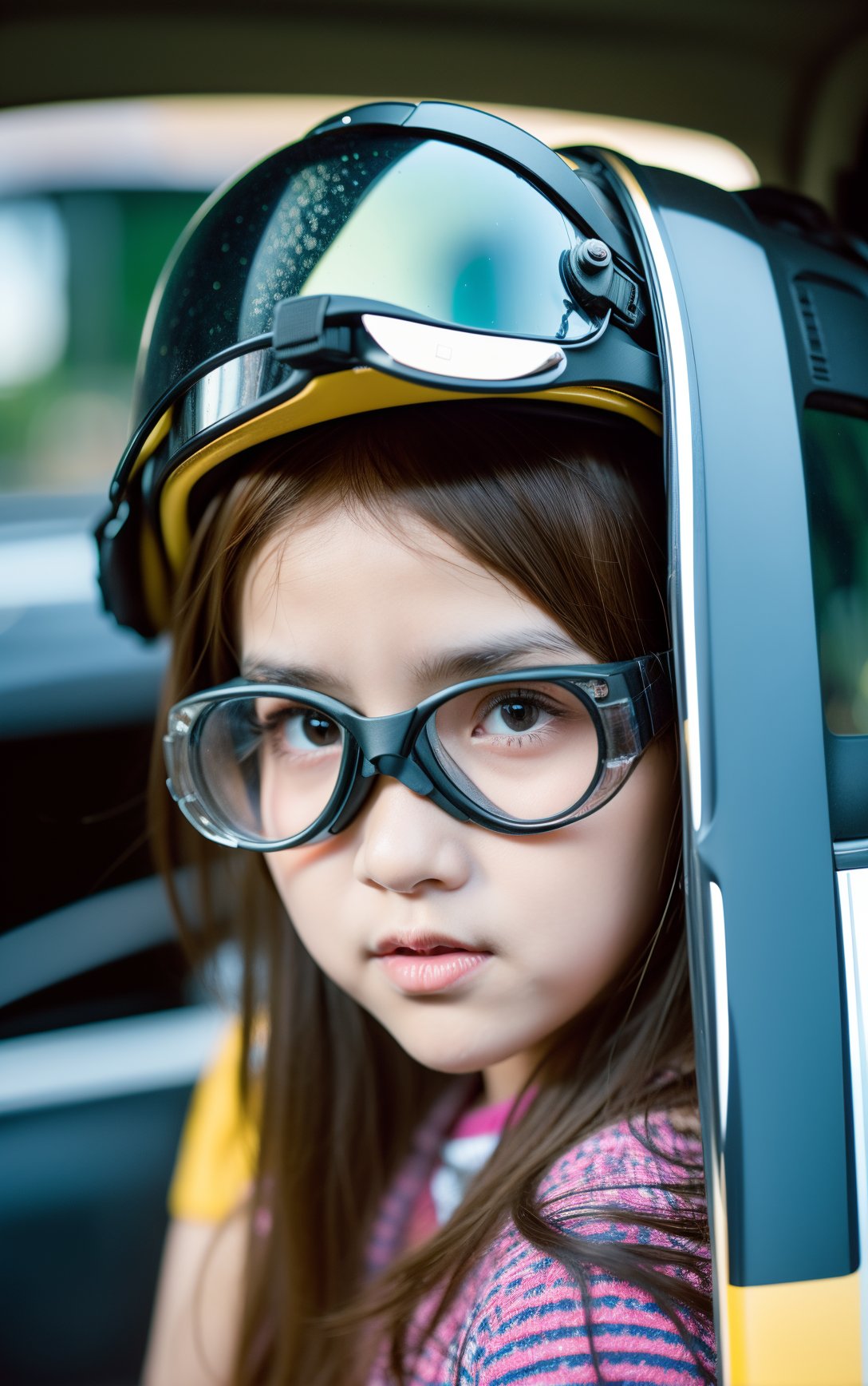 a young girl wearing a helmet and goggles with a helmet on her head and a car door open,depth of field,realistic,solo,1girl,lips,(brown eyes),brown hair,goggles,helmet,tears,hat,nose,looking at viewer,