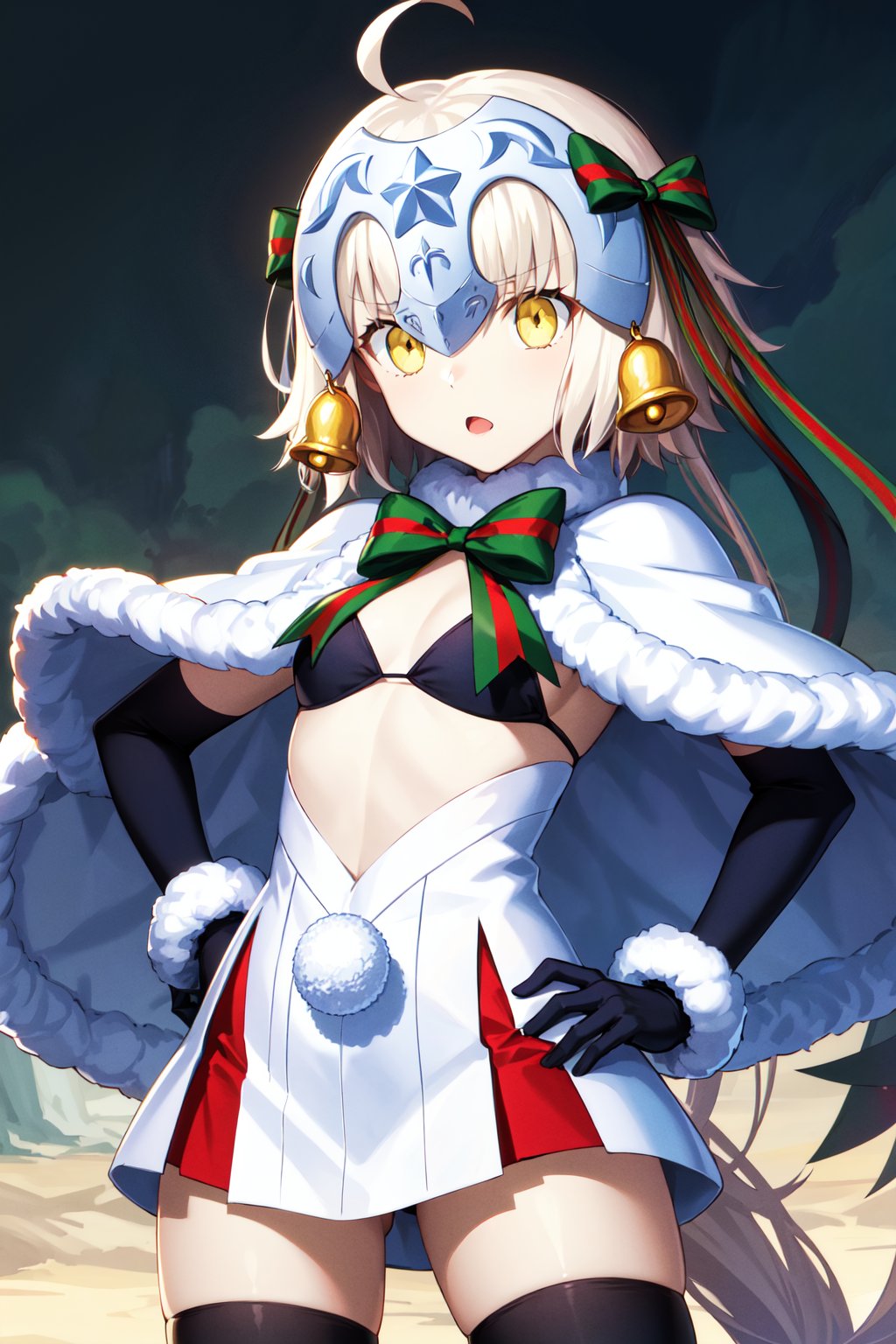 masterpiece, best quality, highres, aasl, long hair, ahoge, headpiece, bell, hair ribbon, small breasts, white capelet, striped bow, fur trim, bikini top only, black bikini, elbow gloves, black gloves, white skirt, pom pom (clothes), black thighhighs, <lora:jeanne_d'arc_alter_santa_lily_(fate)_v1:0.7>, hands on hips, standing, cowboy shot,