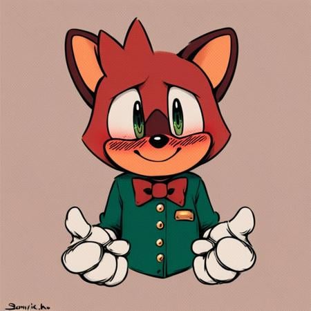 score_9, score_8_up, score_7_up, score_6_up, score_5_up, score_4_up, source_cartoon, source_furry, barry the quokka, barry, red fur, green uniform, bowtie, white gloves, sfw, blushing, hands folded, looking at viewer, smiling, closed mouth