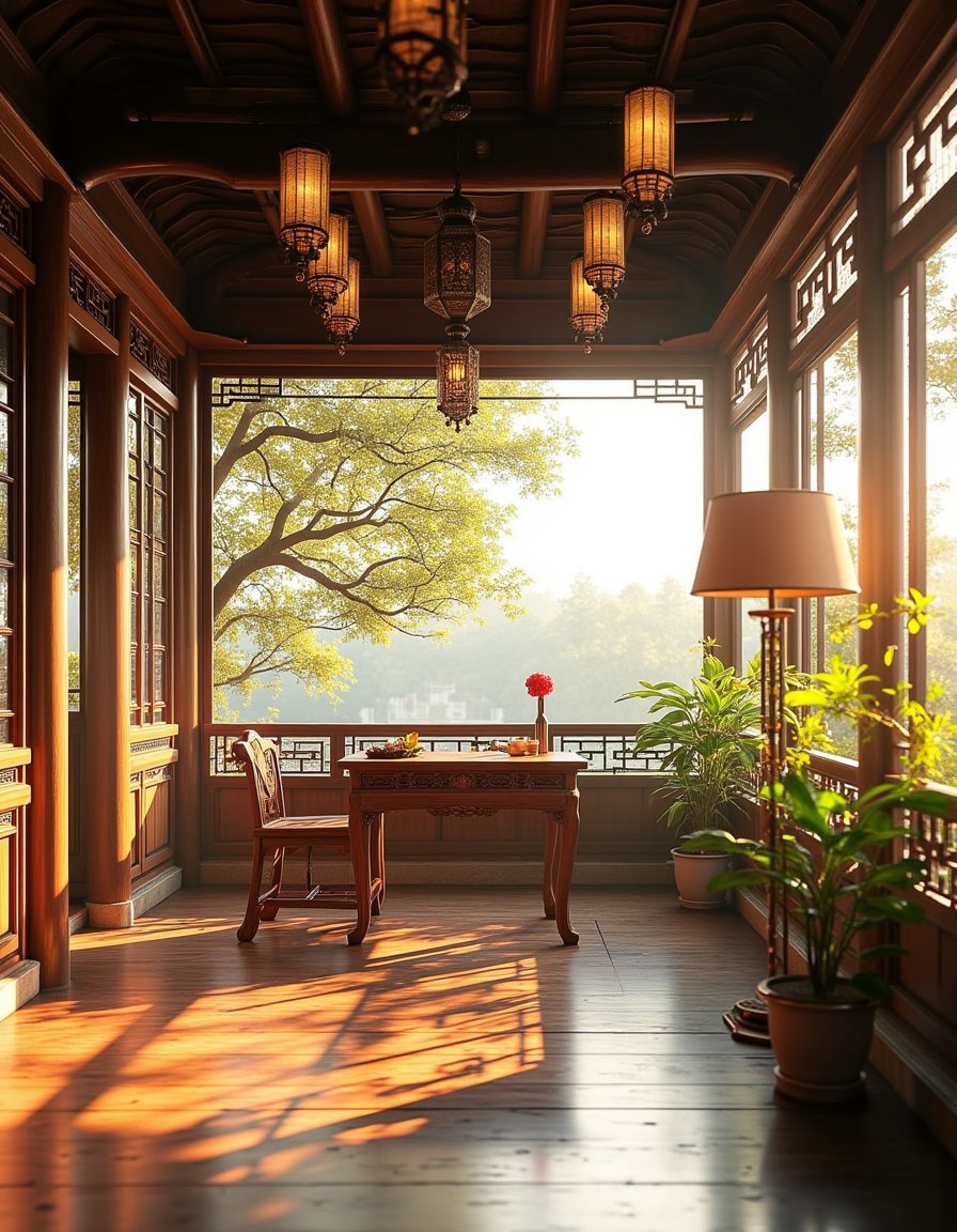 no humans, scenery, architecture, east asian architecture, table, chair, plant, sunlight, indoors, window, tree, lamp, shadow, wooden floor <lora:客栈:1>