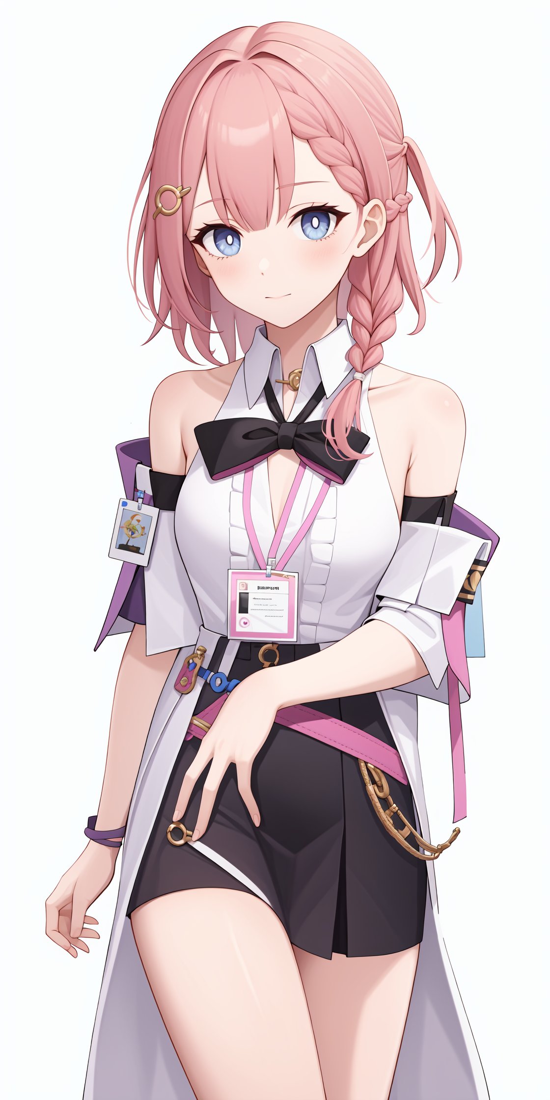 <lora:艾丝妲v2:1:lbw=char>,asta,1girl,pink hair,braid,hair ornament,white shirt,bare shoulders,long hair,detached sleeves,sleeveless shirt,black skirt,id card,bowtie,, (masterpiece,best quality:1.2),absurdres, high quality,