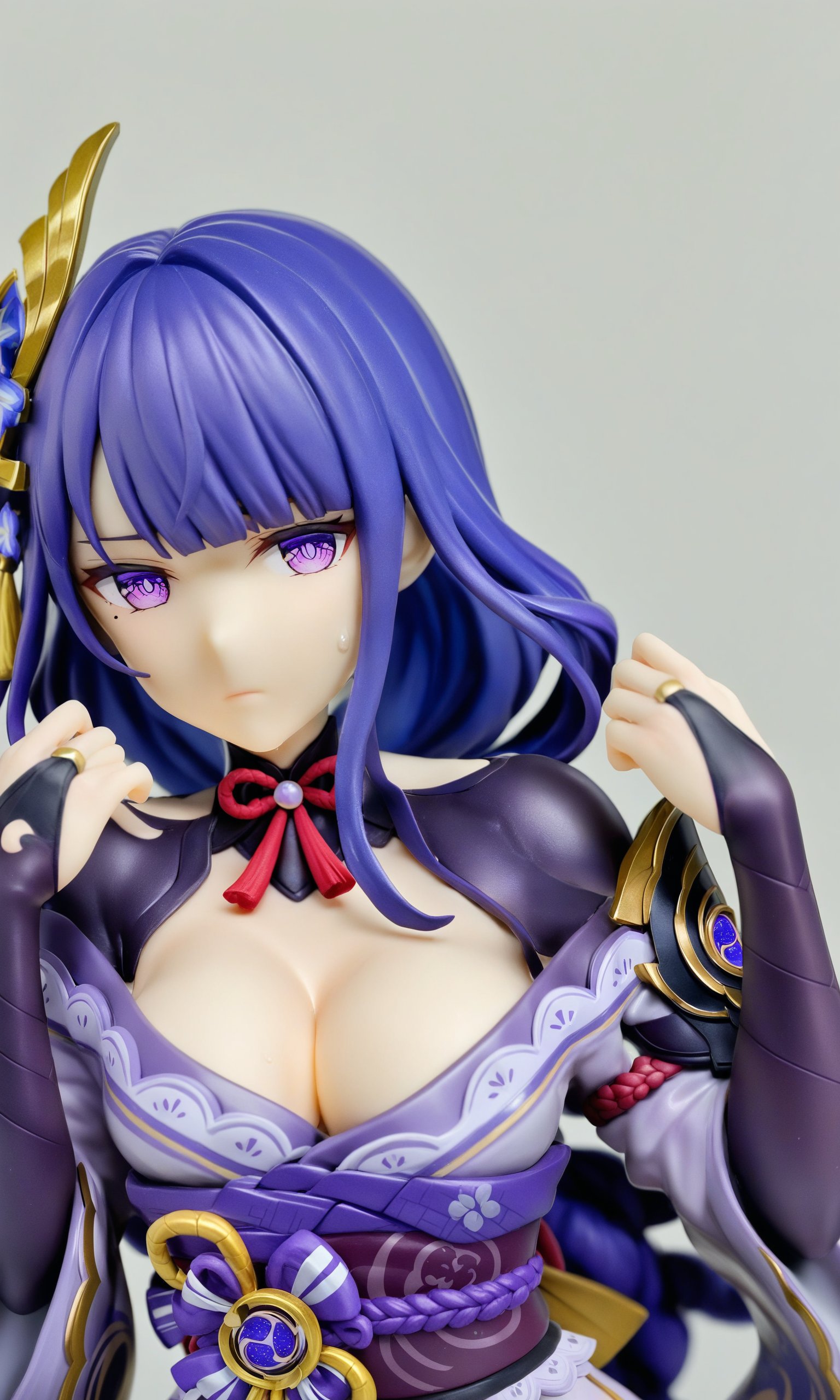 figure,<lora:leishen3:1>,raiden_shogun, 1girl, mole, holding, hair_ornament, japanese_clothes, solo, looking_at_viewer, bridal_gauntlets, breasts, cleavage, sash, purple_flower, shoulder_armor, obi, armor, holding_book, vision_\(genshin_impact\), ribbon, sweatdrop, kimono, blunt_bangs, closed_mouth, book, long_sleeves, bow