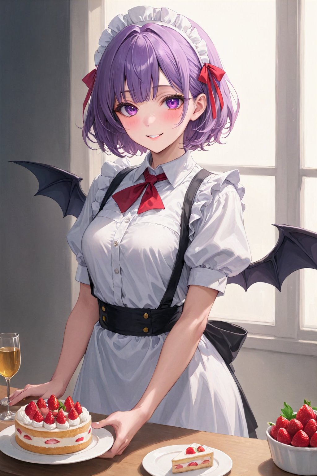 1girl, alternate costume, apron, ascot, bangs, bat wings, blush, breasts, cake, collared shirt, dress, enmaided, food, frilled dress, frills, fruit, heart, kofumi (nxme5555), looking at viewer, maid, maid apron, maid headdress, plate, puffy short sleeves, puffy sleeves, purple hair, red ascot, red ribbon, remilia scarlet, ribbon, shirt, short hair, short sleeves, simple background, small breasts, smile, solo, strawberry, strawberry cake, table, touhou, white background, white shirt, wing collar, wings, basement, best quality, amazing quality, very aesthetic, incredibly absurdres, (best quality, 4k, 8k, highres, masterpiece, absurd, raytracing:1.2), absurdres, very aesthetic, (perfect hands, perfect anatomy), The highest image quality, excellent detail, ultra-high resolution, best illustration, attention to detail, detailed hands, expressive eyes, detailed eyes, detailed face, highly detailed